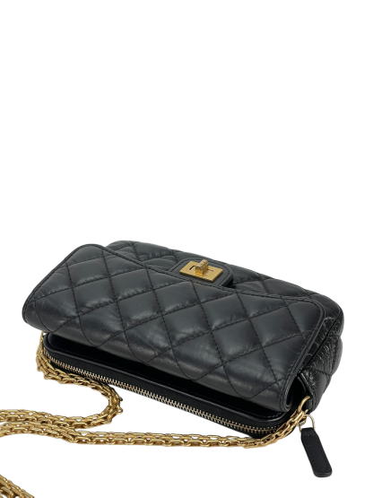 CHANEL - Black Calfskin 2.55Matelasse Chain Wallet Shoulder Bag Gold Hardware