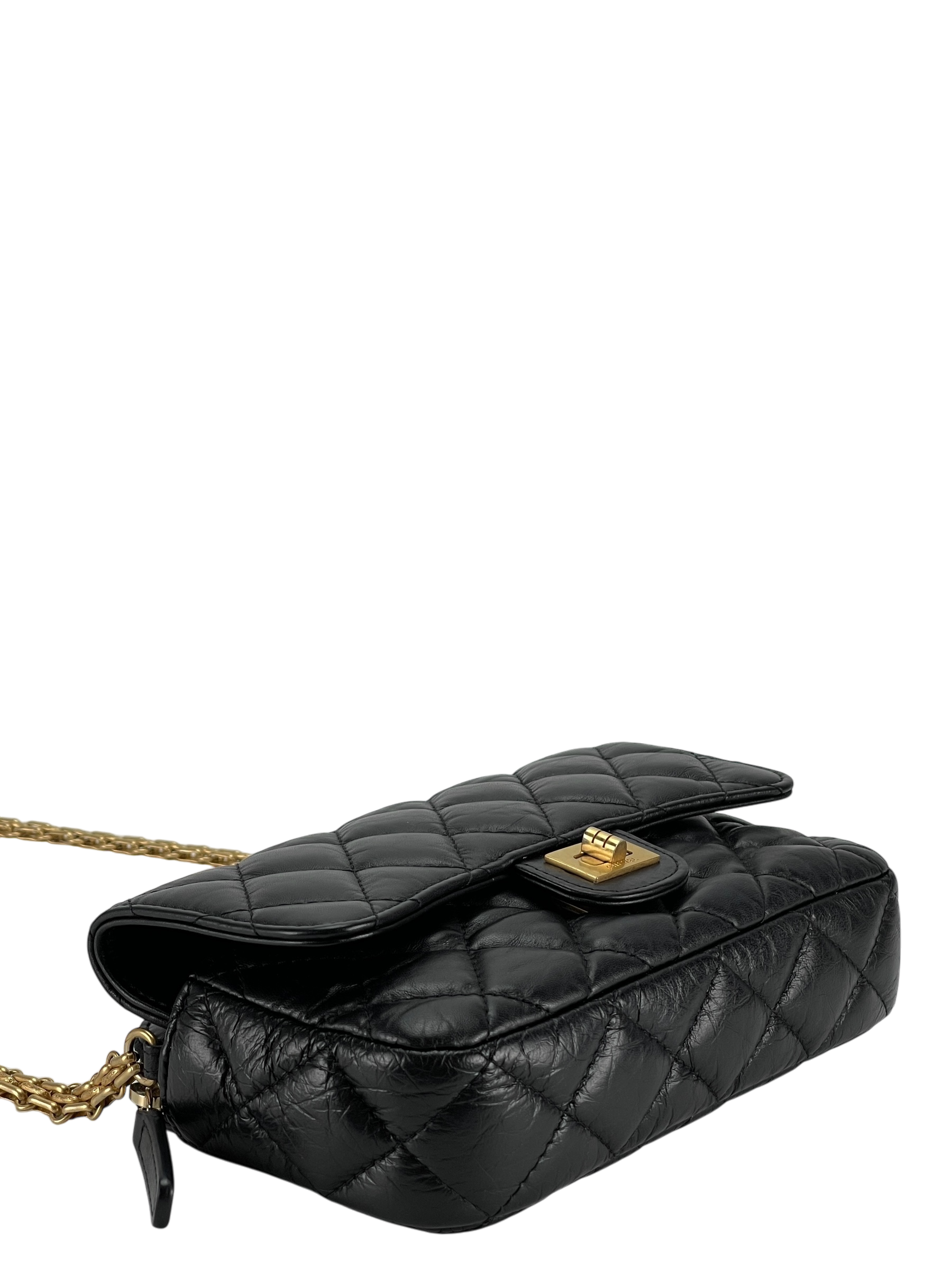 CHANEL - Black Calfskin 2.55Matelasse Chain Wallet Shoulder Bag Gold Hardware