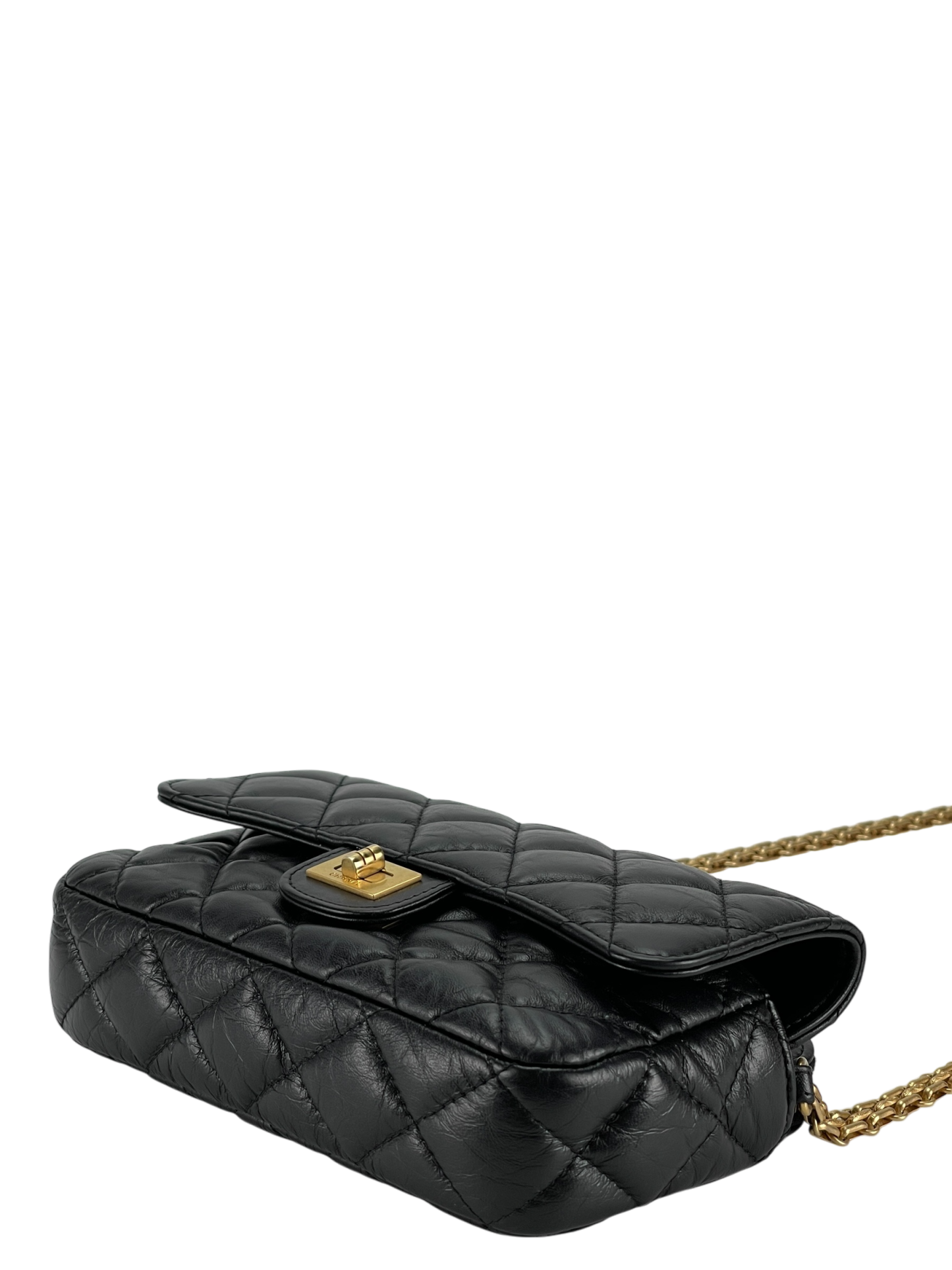 CHANEL - Black Calfskin 2.55Matelasse Chain Wallet Shoulder Bag Gold Hardware
