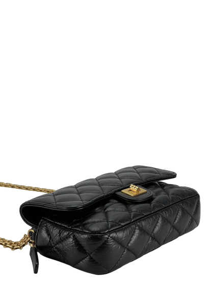 CHANEL - Black Calfskin 2.55Matelasse Chain Wallet Shoulder Bag Gold Hardware