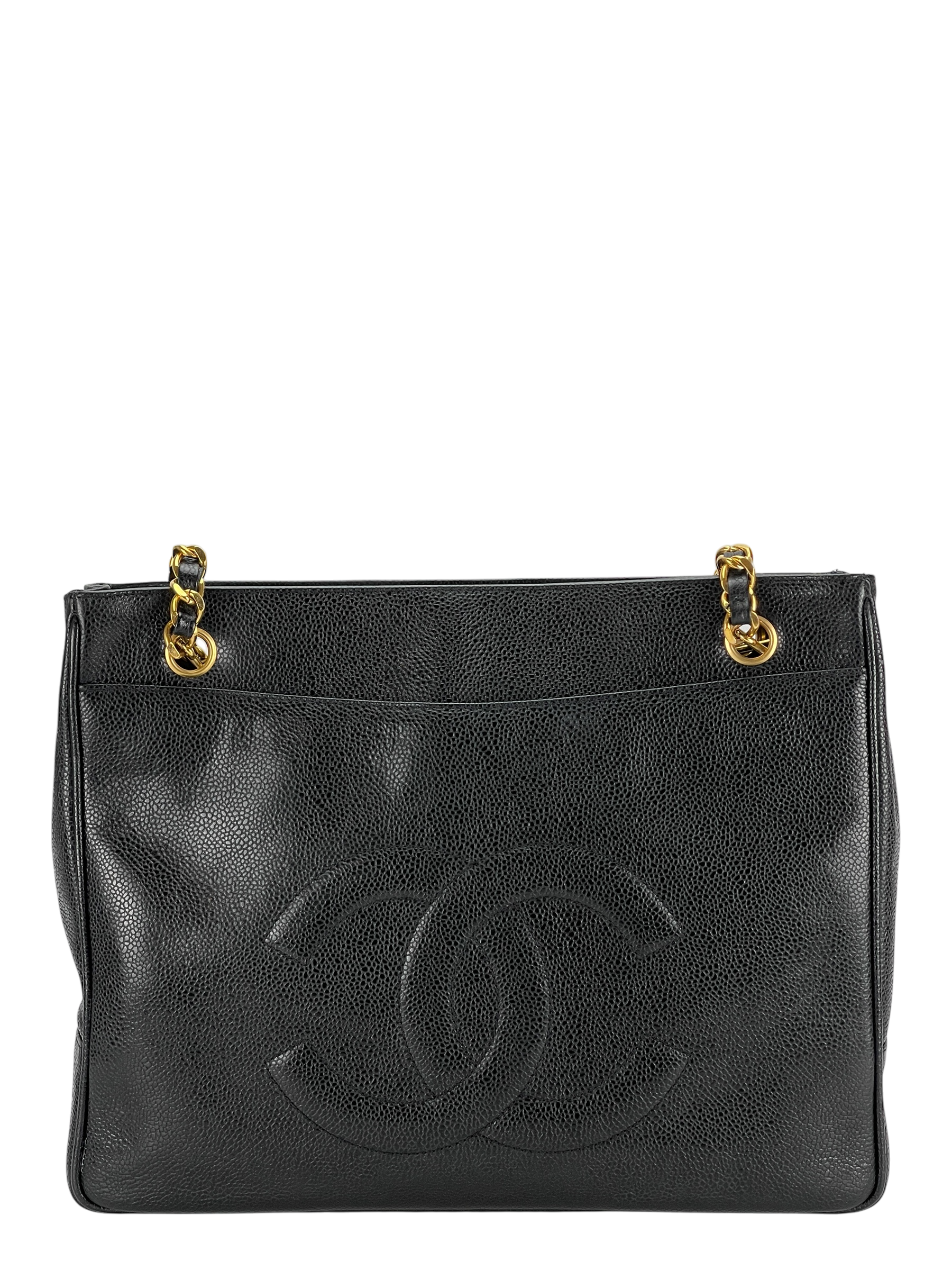 CHANEL - Black Caviar Double Chain Shoulder Tote Bag Gold Hardware