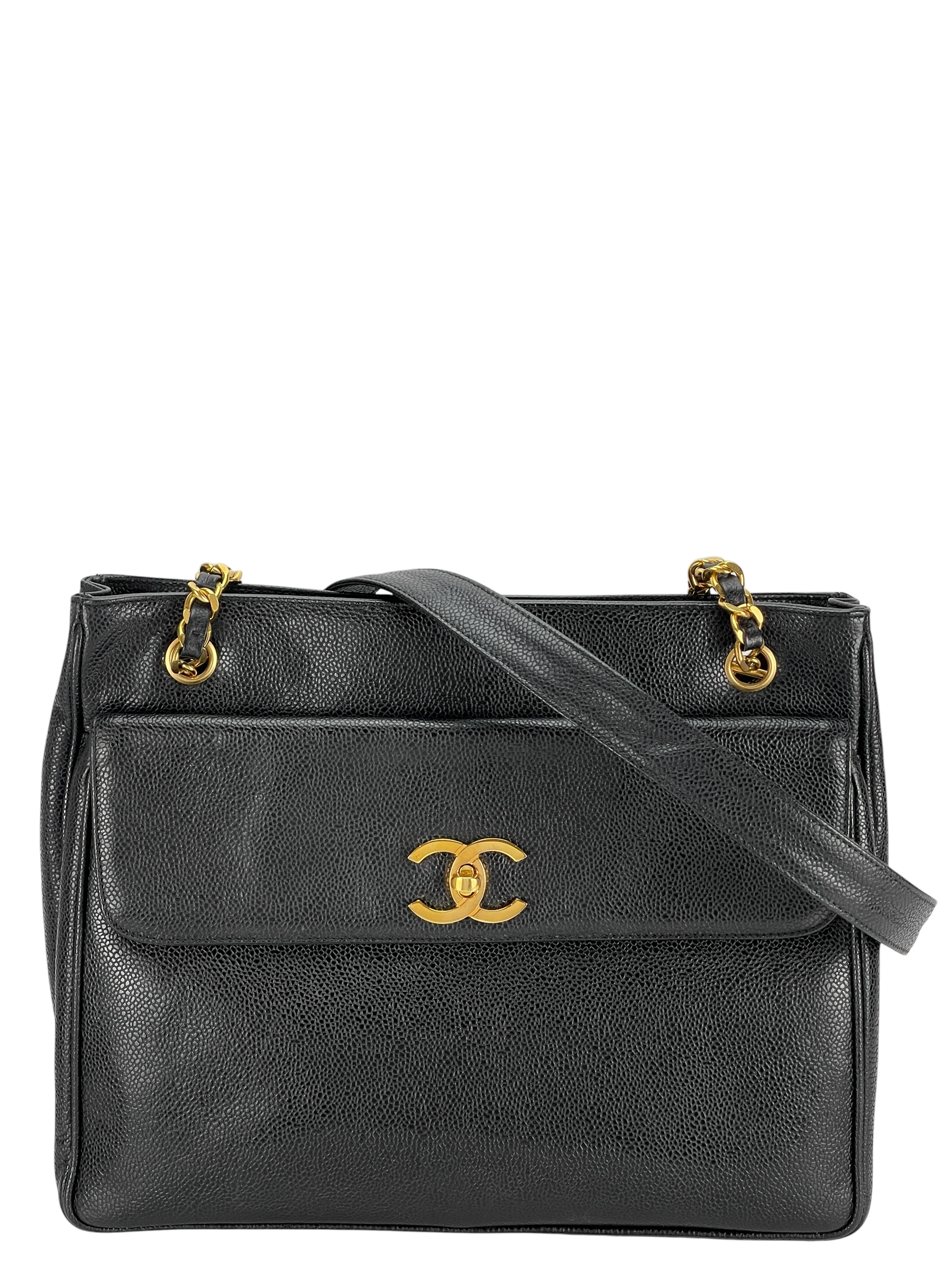 CHANEL - Black Caviar Double Chain Shoulder Tote Bag Gold Hardware