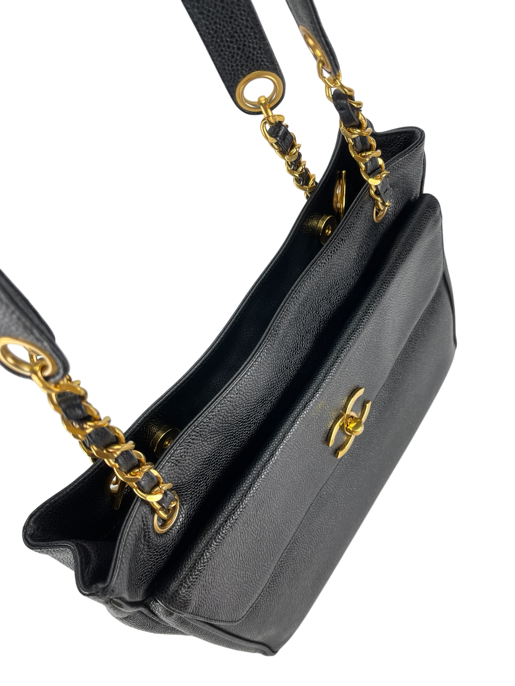 CHANEL - Black Caviar Double Chain Shoulder Tote Bag Gold Hardware