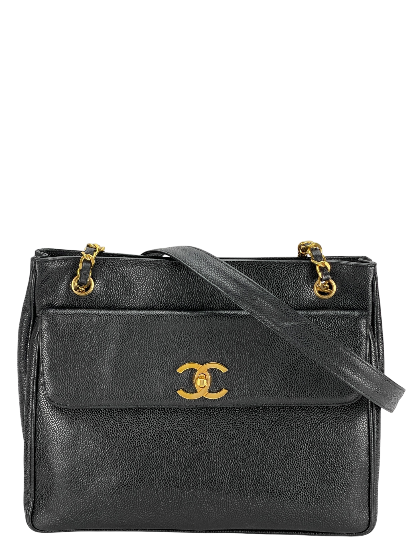 CHANEL - Black Caviar Double Chain Shoulder Tote Bag Gold Hardware