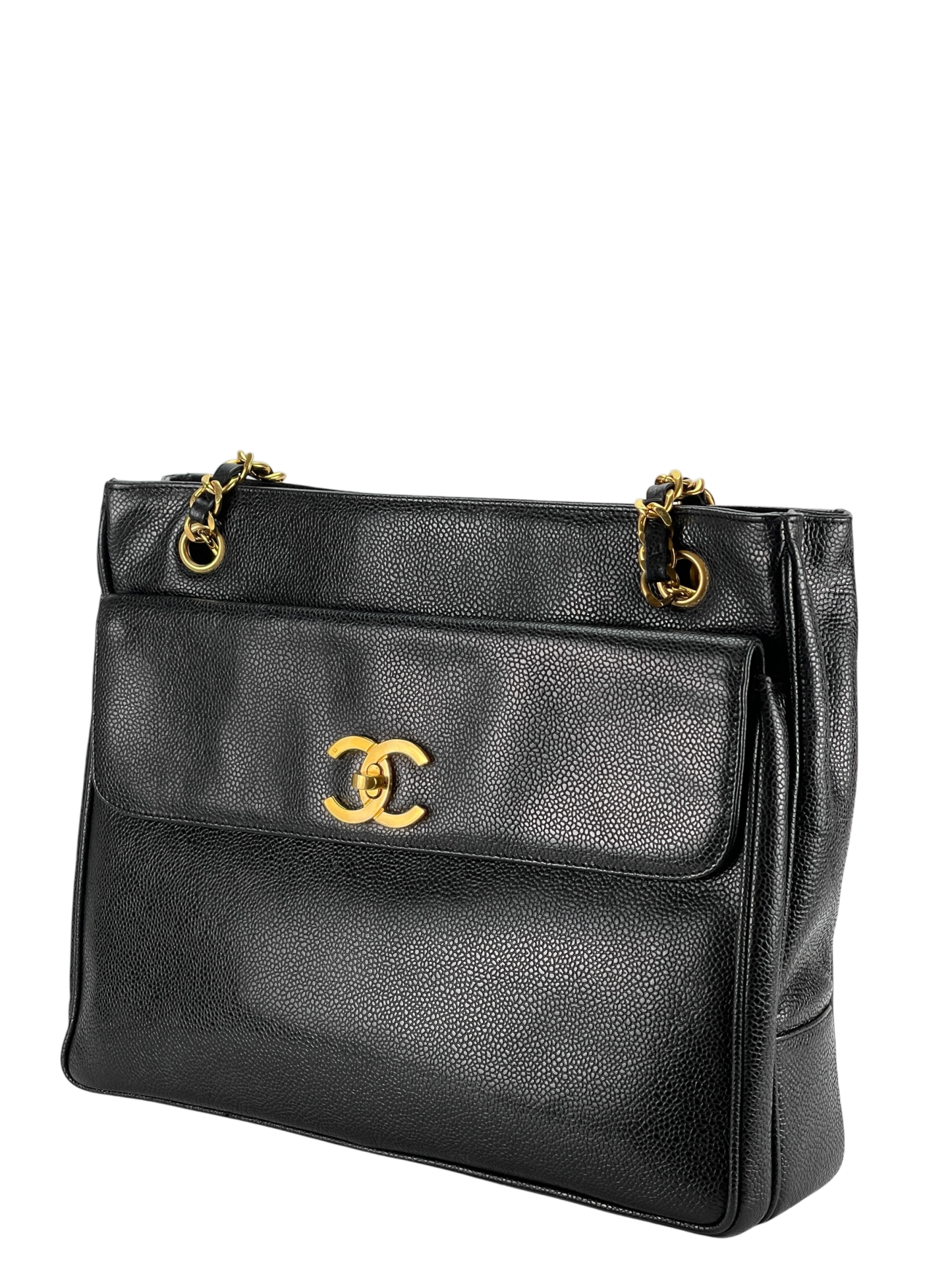 CHANEL - Black Caviar Double Chain Shoulder Tote Bag Gold Hardware