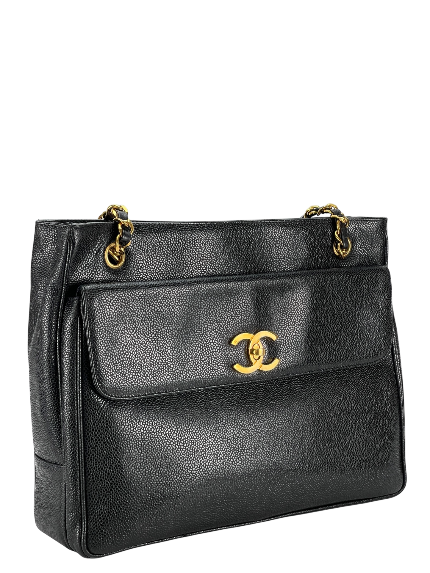 CHANEL - Black Caviar Double Chain Shoulder Tote Bag Gold Hardware