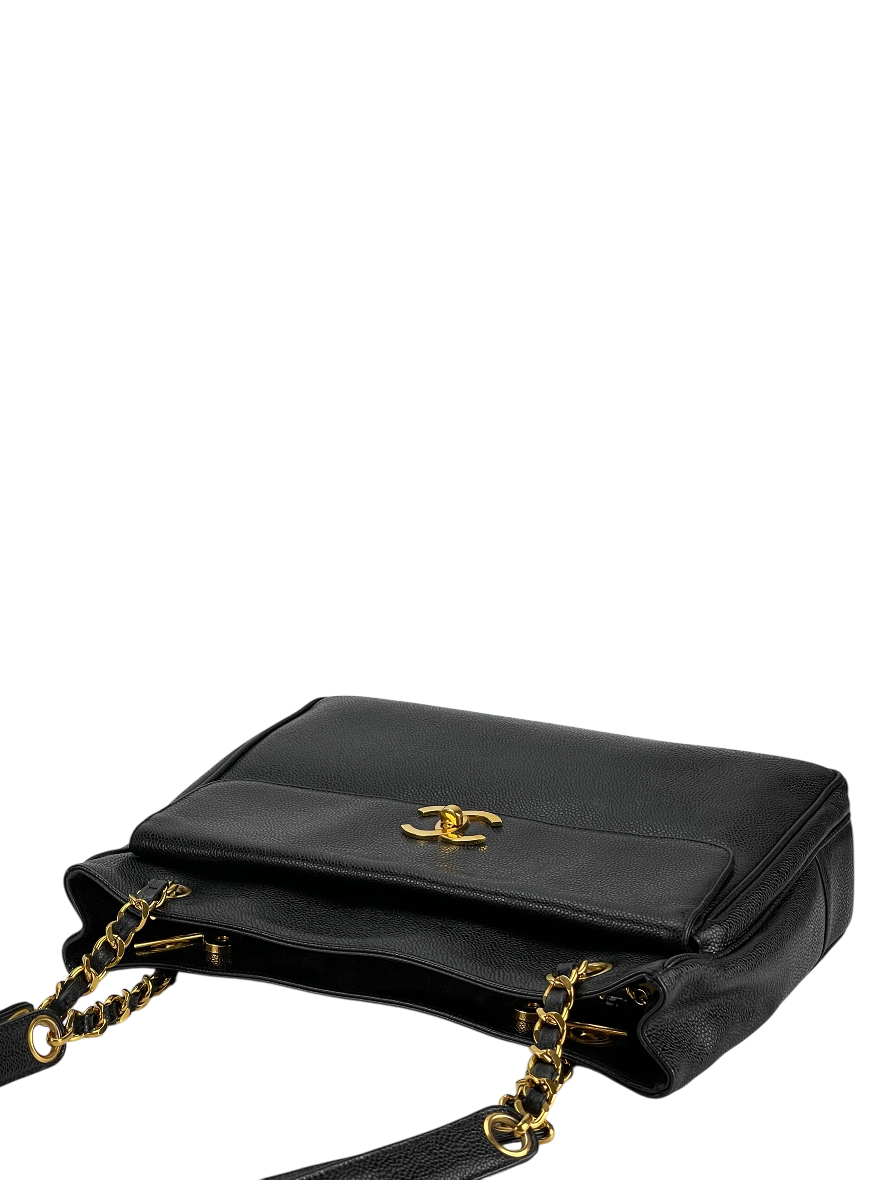 CHANEL - Black Caviar Double Chain Shoulder Tote Bag Gold Hardware