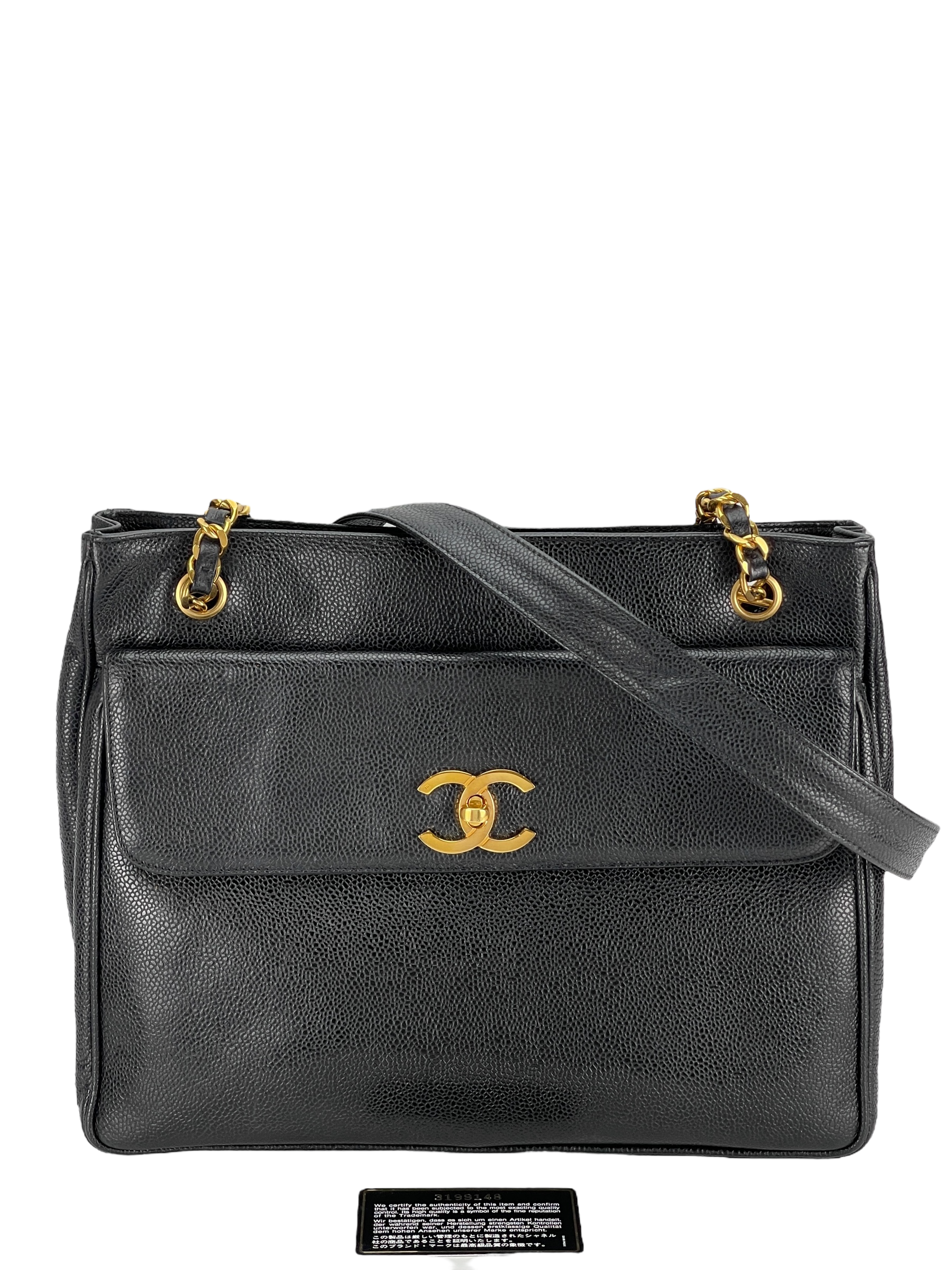 CHANEL - Black Caviar Double Chain Shoulder Tote Bag Gold Hardware