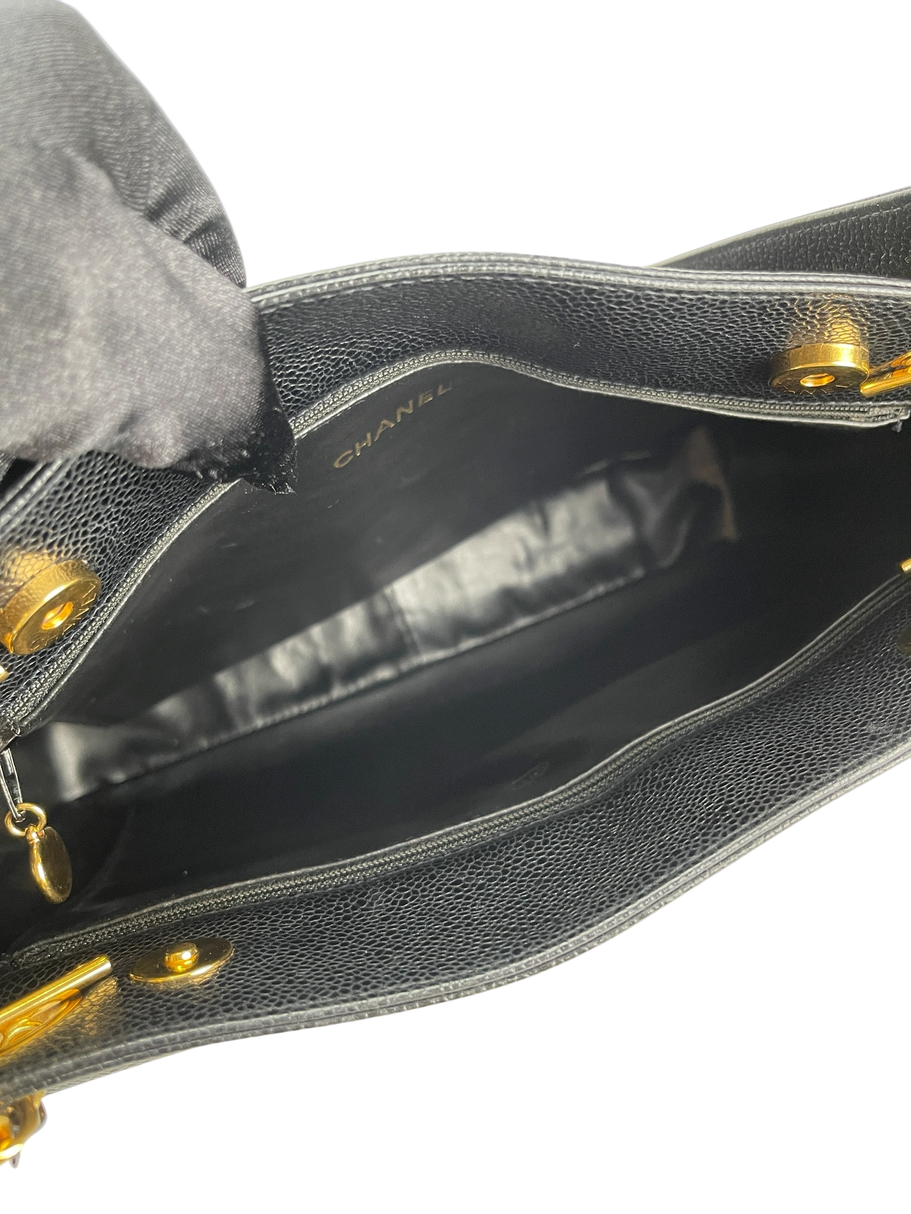 CHANEL - Black Caviar Double Chain Shoulder Tote Bag Gold Hardware