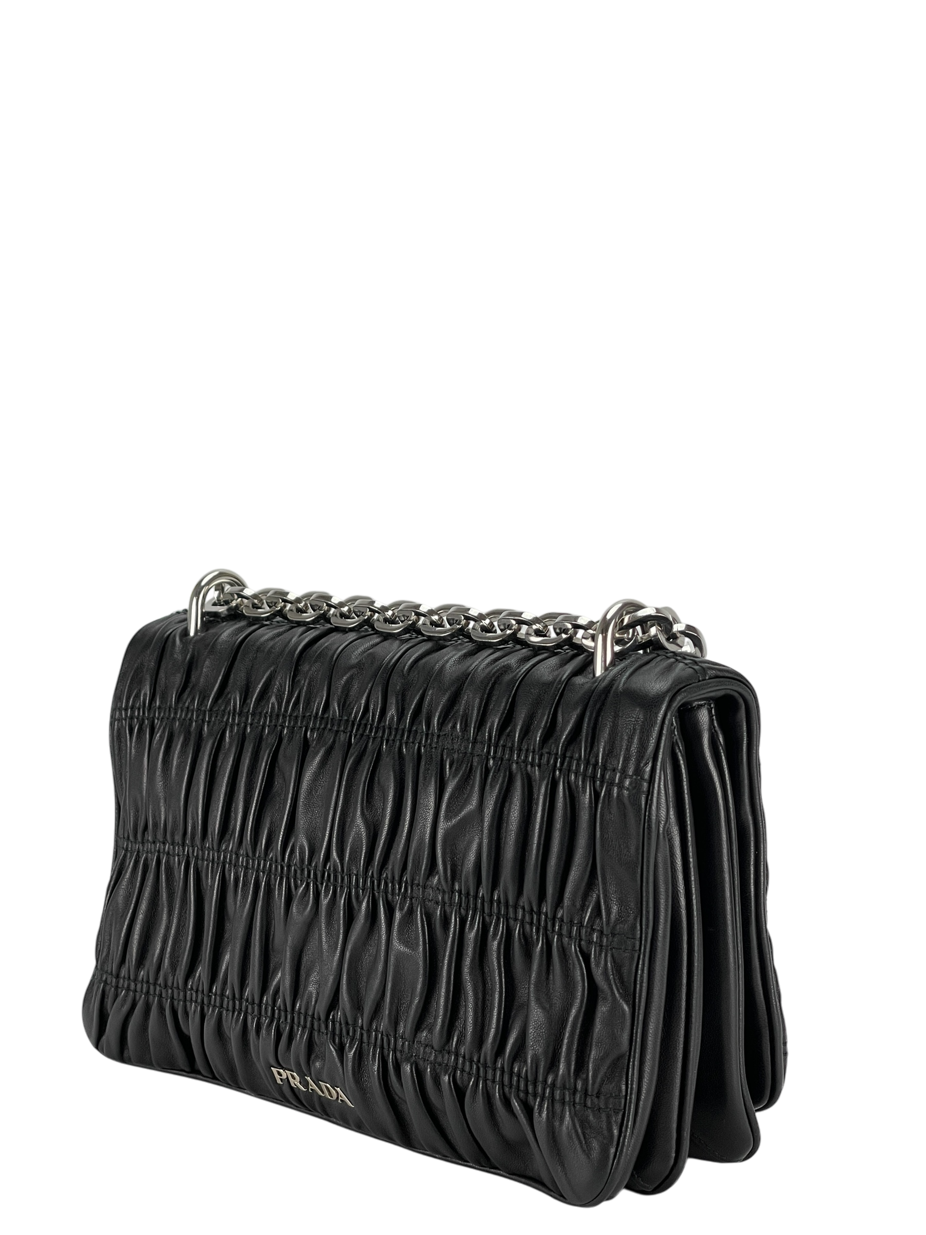 PRADA - Black Nappa Calfskin Waffle Chain Shoulder Bag