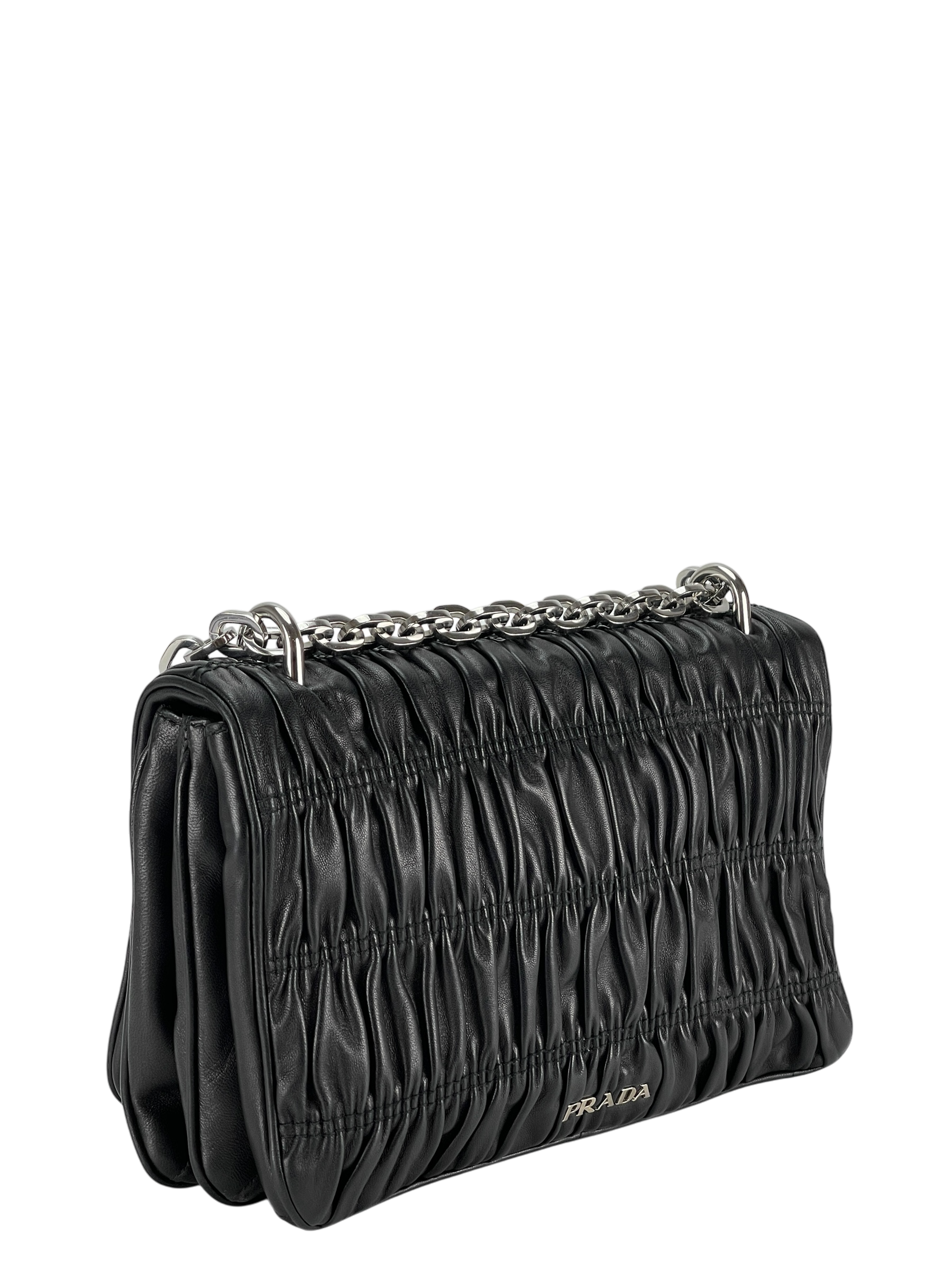 PRADA - Black Nappa Calfskin Waffle Chain Shoulder Bag
