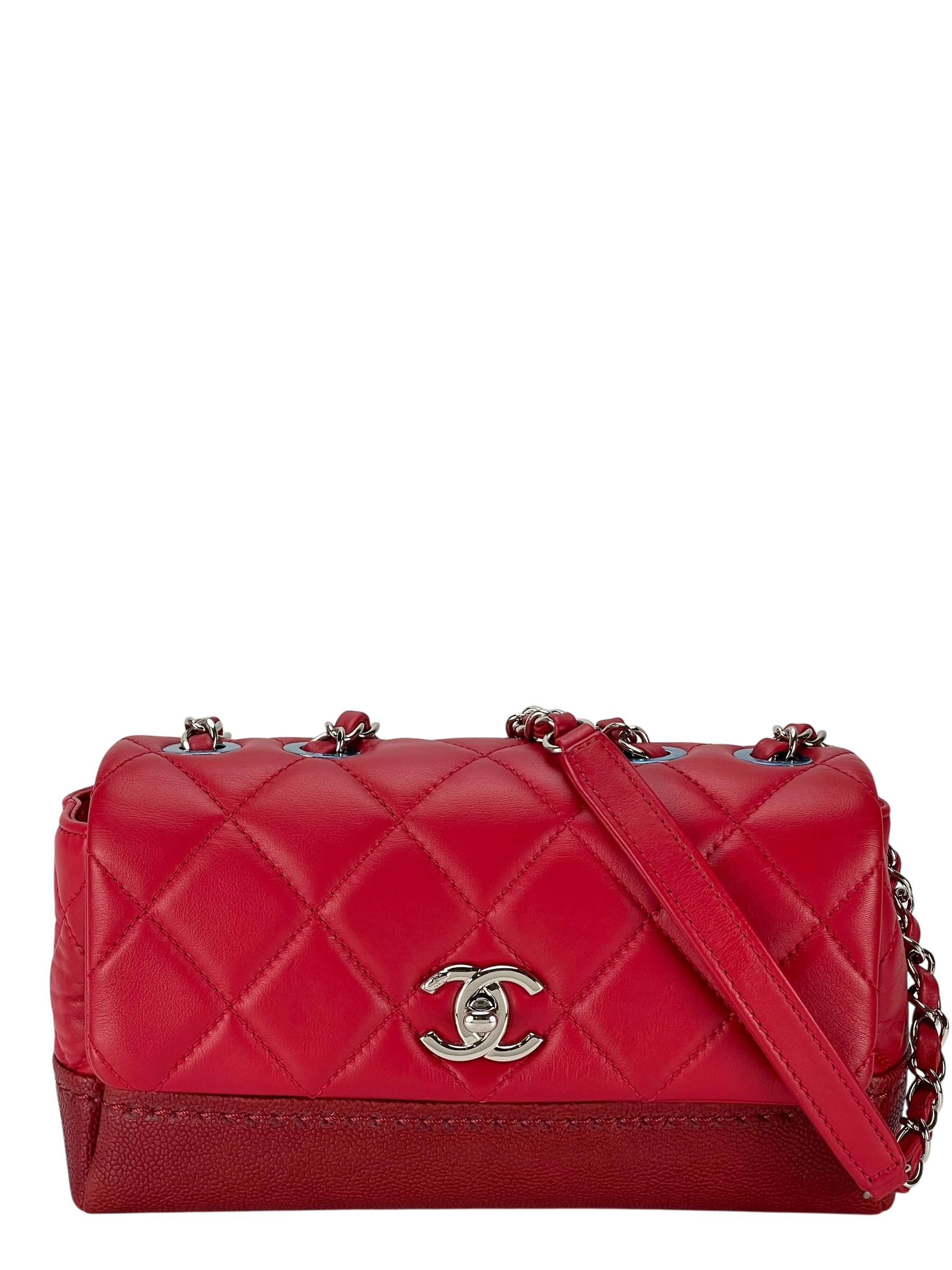CHANEL - Red Matelasse Caviar Lambskin Single Flap Double Chain Bag Silver Hardware