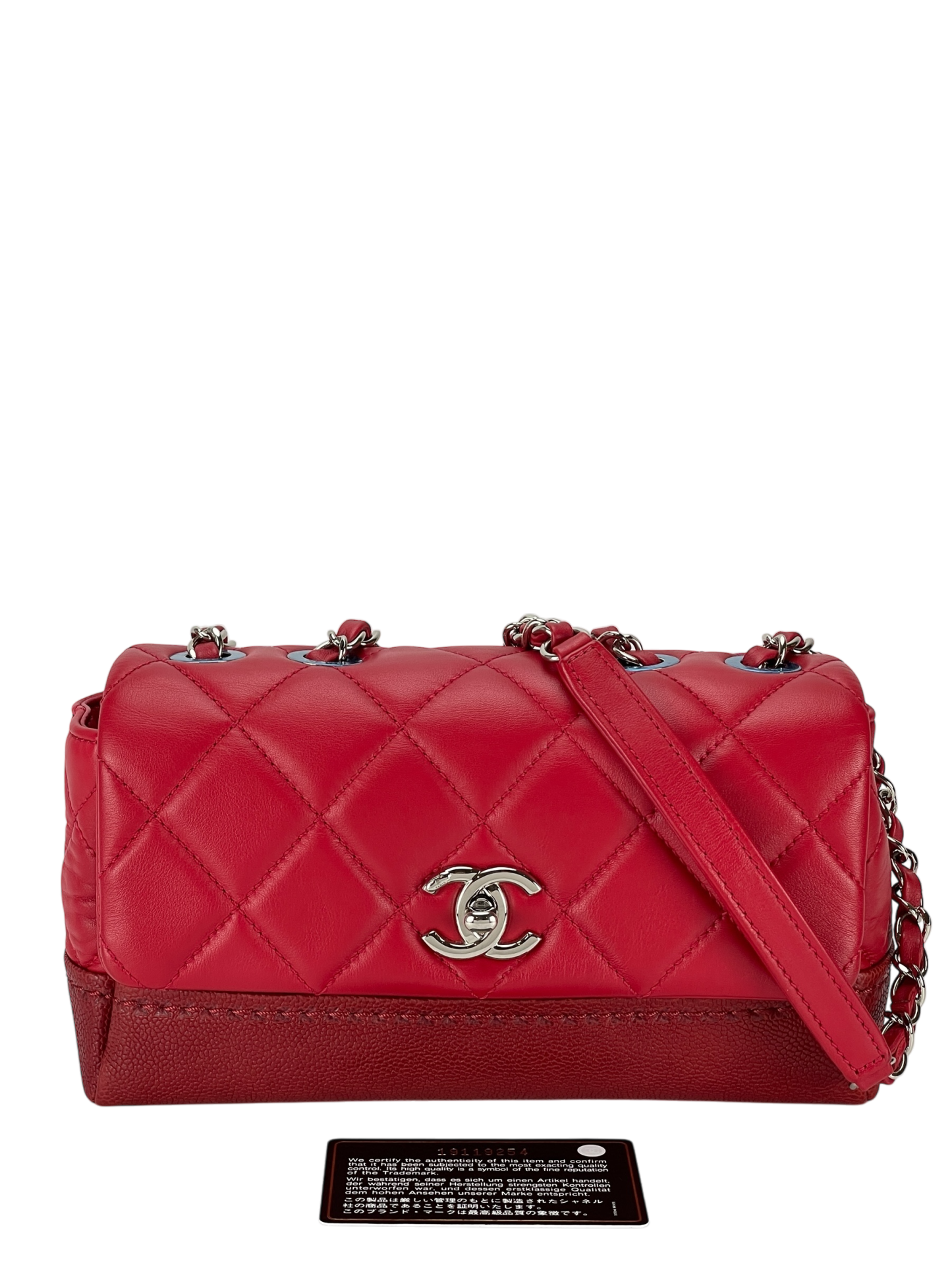 CHANEL - Red Matelasse Caviar Lambskin Single Flap Double Chain Bag Silver Hardware