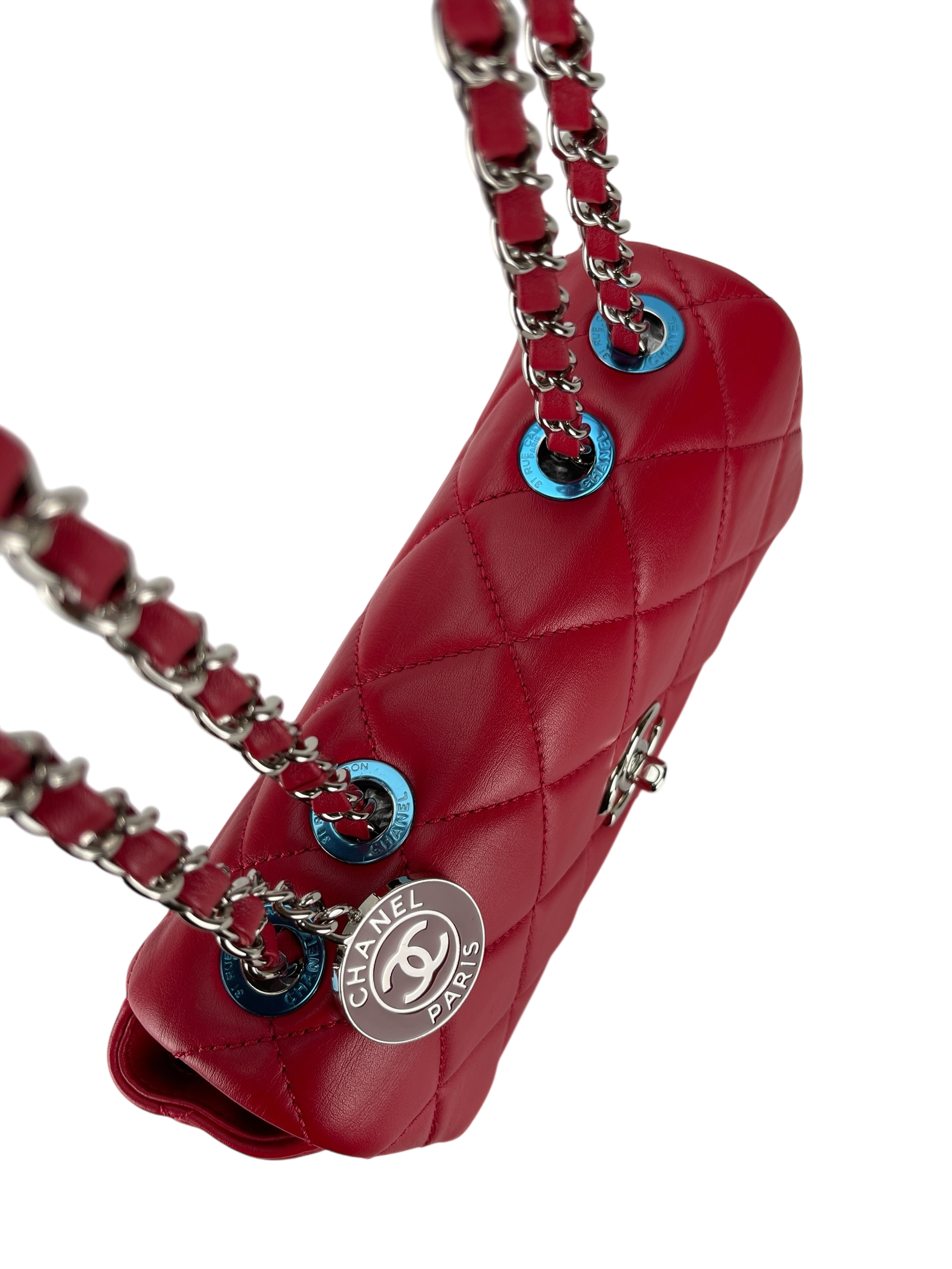 CHANEL - Red Matelasse Caviar Lambskin Single Flap Double Chain Bag Silver Hardware