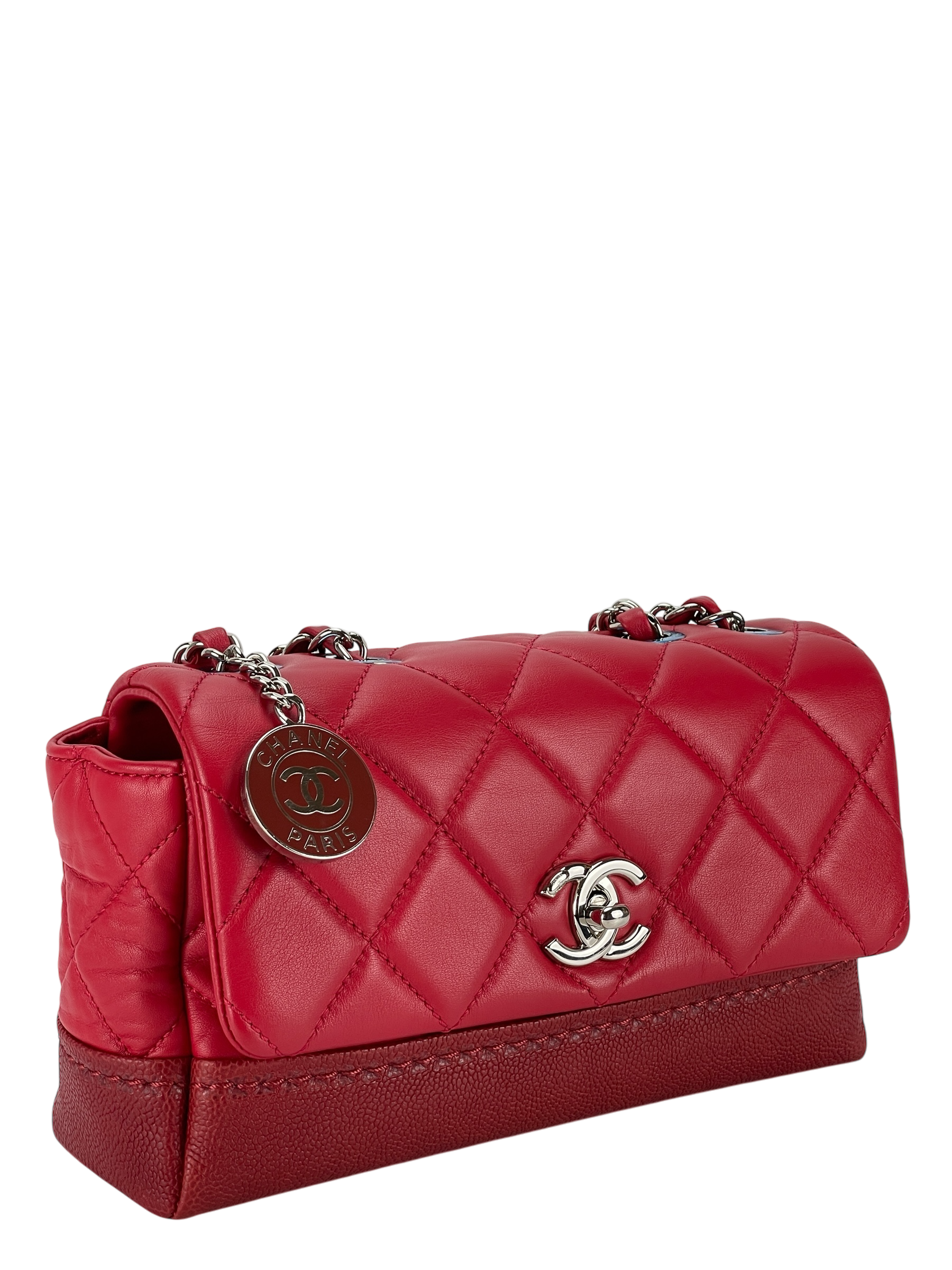 CHANEL - Red Matelasse Caviar Lambskin Single Flap Double Chain Bag Silver Hardware