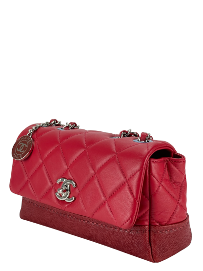 CHANEL - Red Matelasse Caviar Lambskin Single Flap Double Chain Bag Silver Hardware