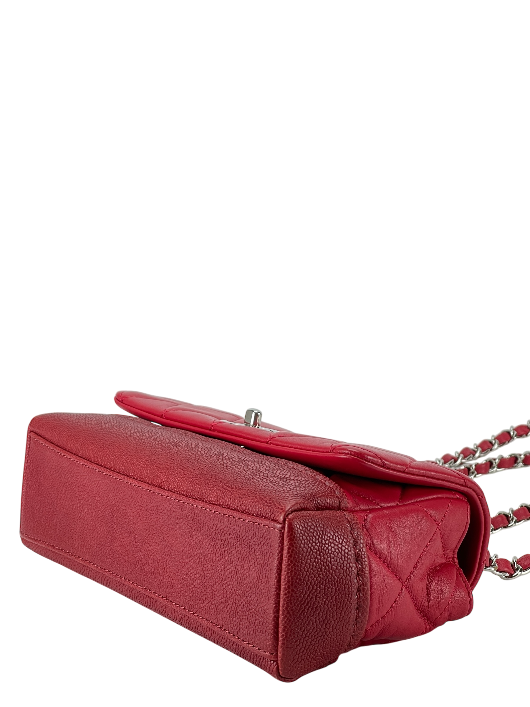 CHANEL - Red Matelasse Caviar Lambskin Single Flap Double Chain Bag Silver Hardware