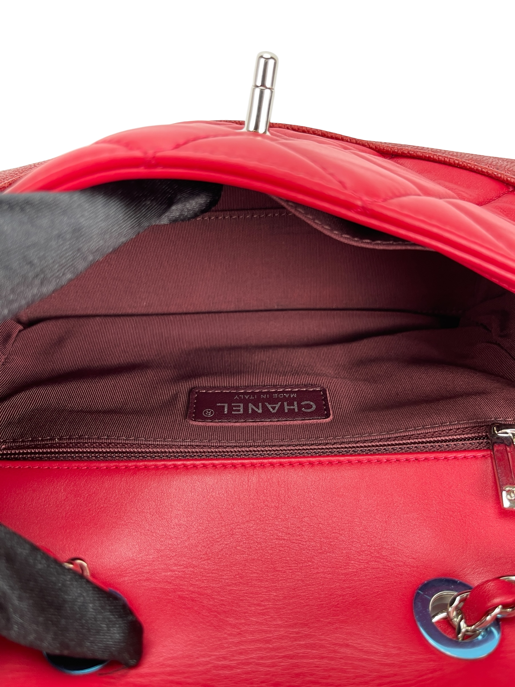 CHANEL - Red Matelasse Caviar Lambskin Single Flap Double Chain Bag Silver Hardware