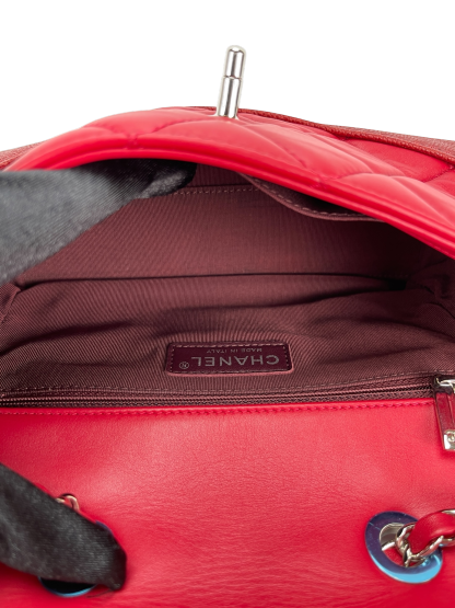 CHANEL - Red Matelasse Caviar Lambskin Single Flap Double Chain Bag Silver Hardware