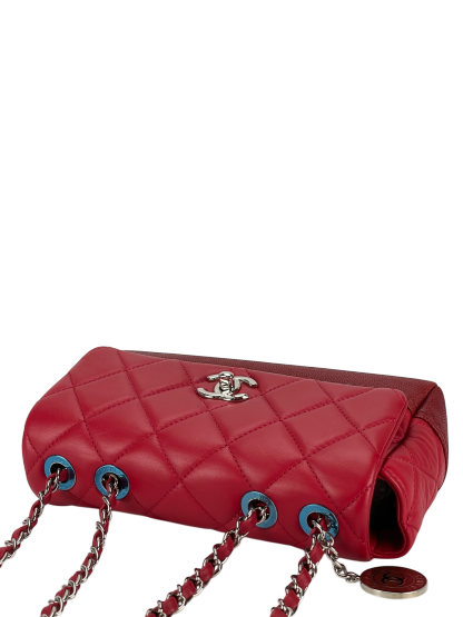 CHANEL - Red Matelasse Caviar Lambskin Single Flap Double Chain Bag Silver Hardware