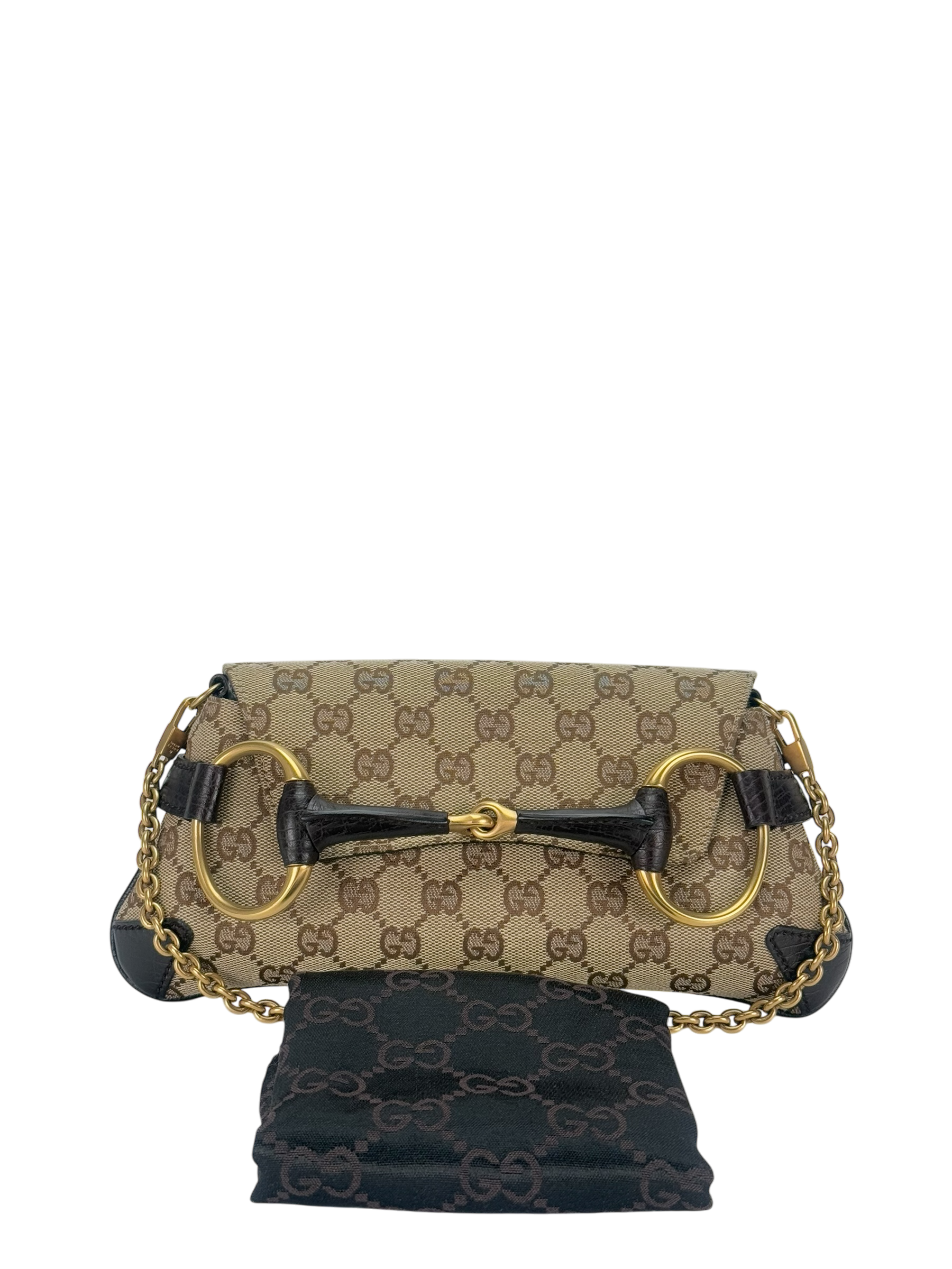 GUCCI - Beige Brown 2WAY Horsebit Chain GG Canvas Handbag Clutch Bag
