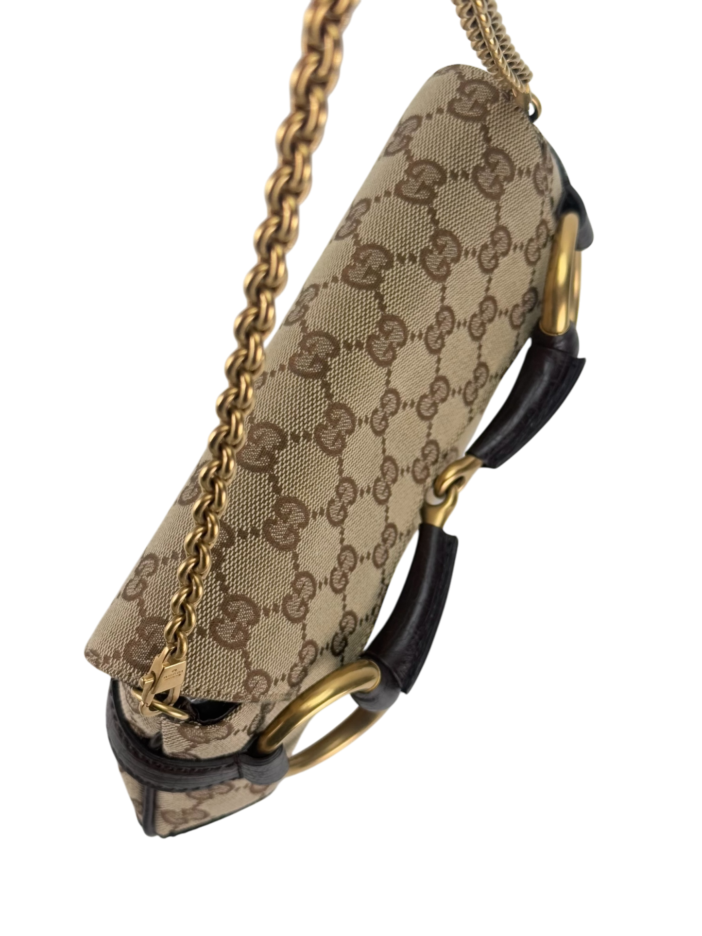 GUCCI - Beige Brown 2WAY Horsebit Chain GG Canvas Handbag Clutch Bag
