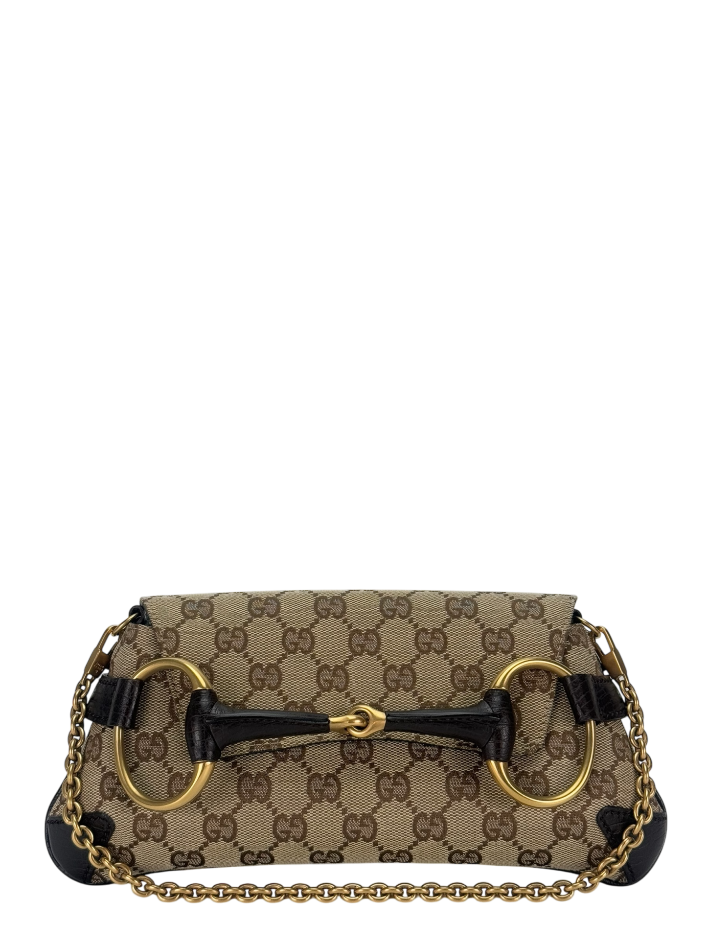 GUCCI - Beige Brown 2WAY Horsebit Chain GG Canvas Handbag Clutch Bag