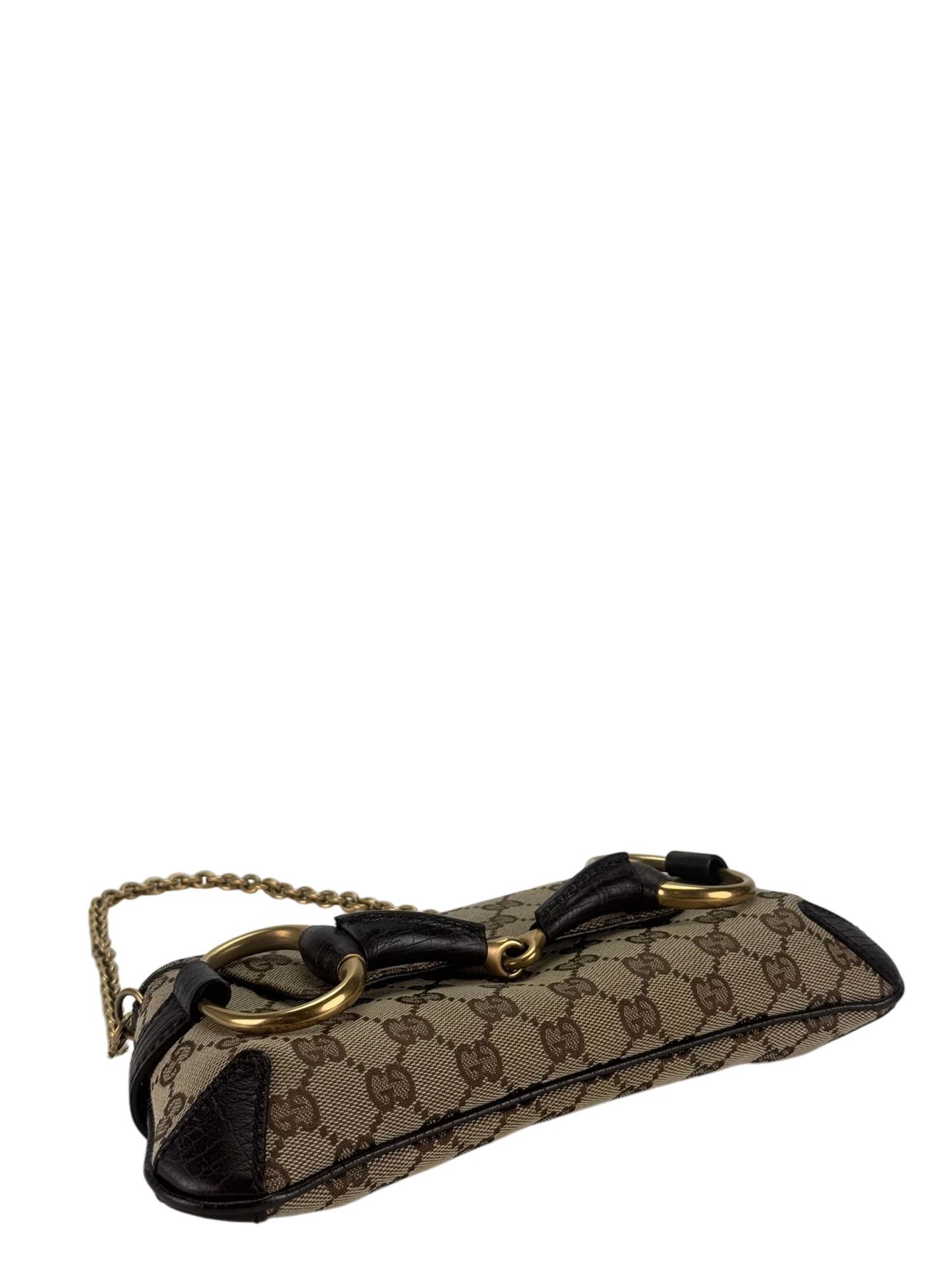 GUCCI - Beige Brown 2WAY Horsebit Chain GG Canvas Handbag Clutch Bag