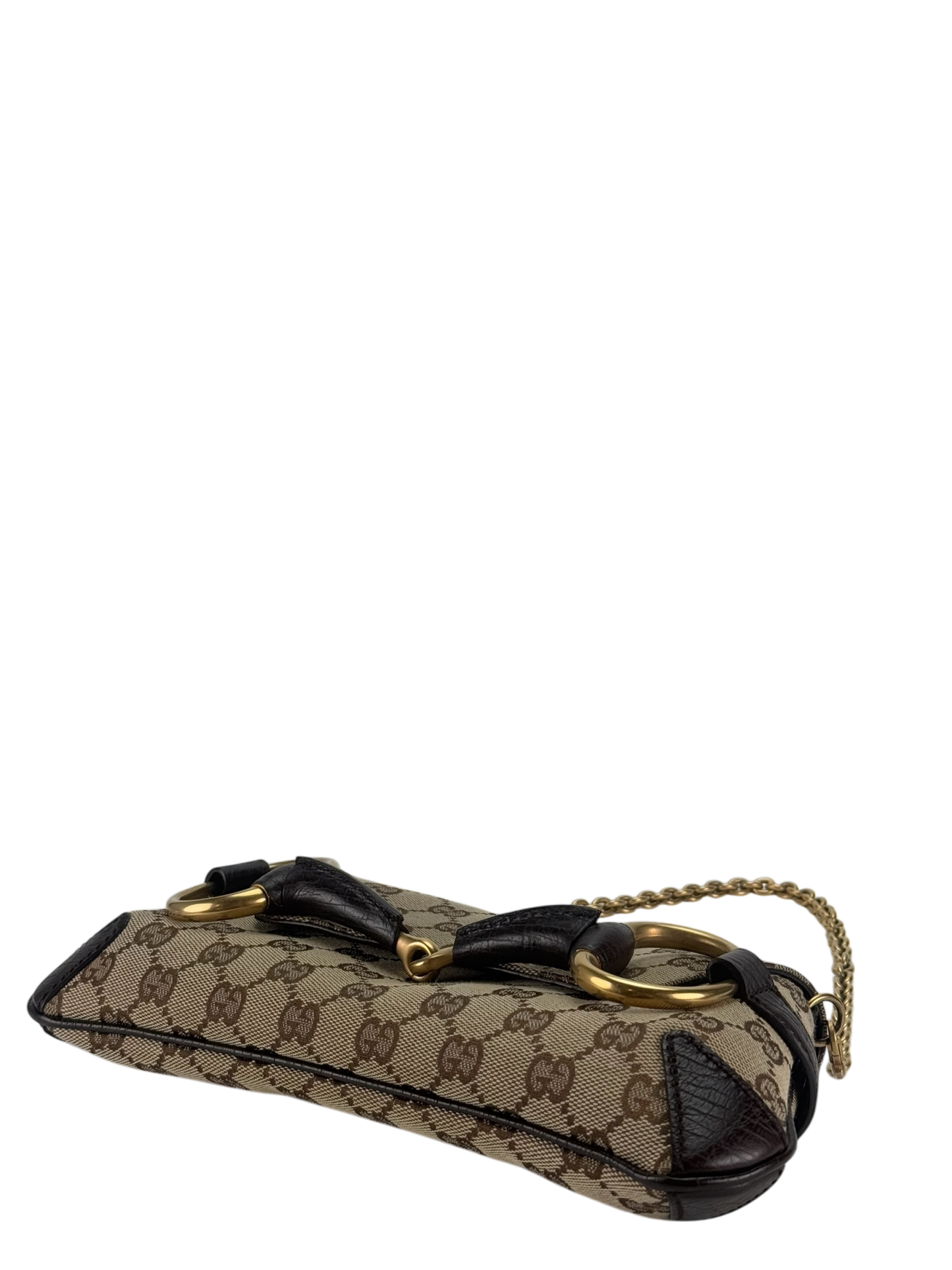 GUCCI - Beige Brown 2WAY Horsebit Chain GG Canvas Handbag Clutch Bag