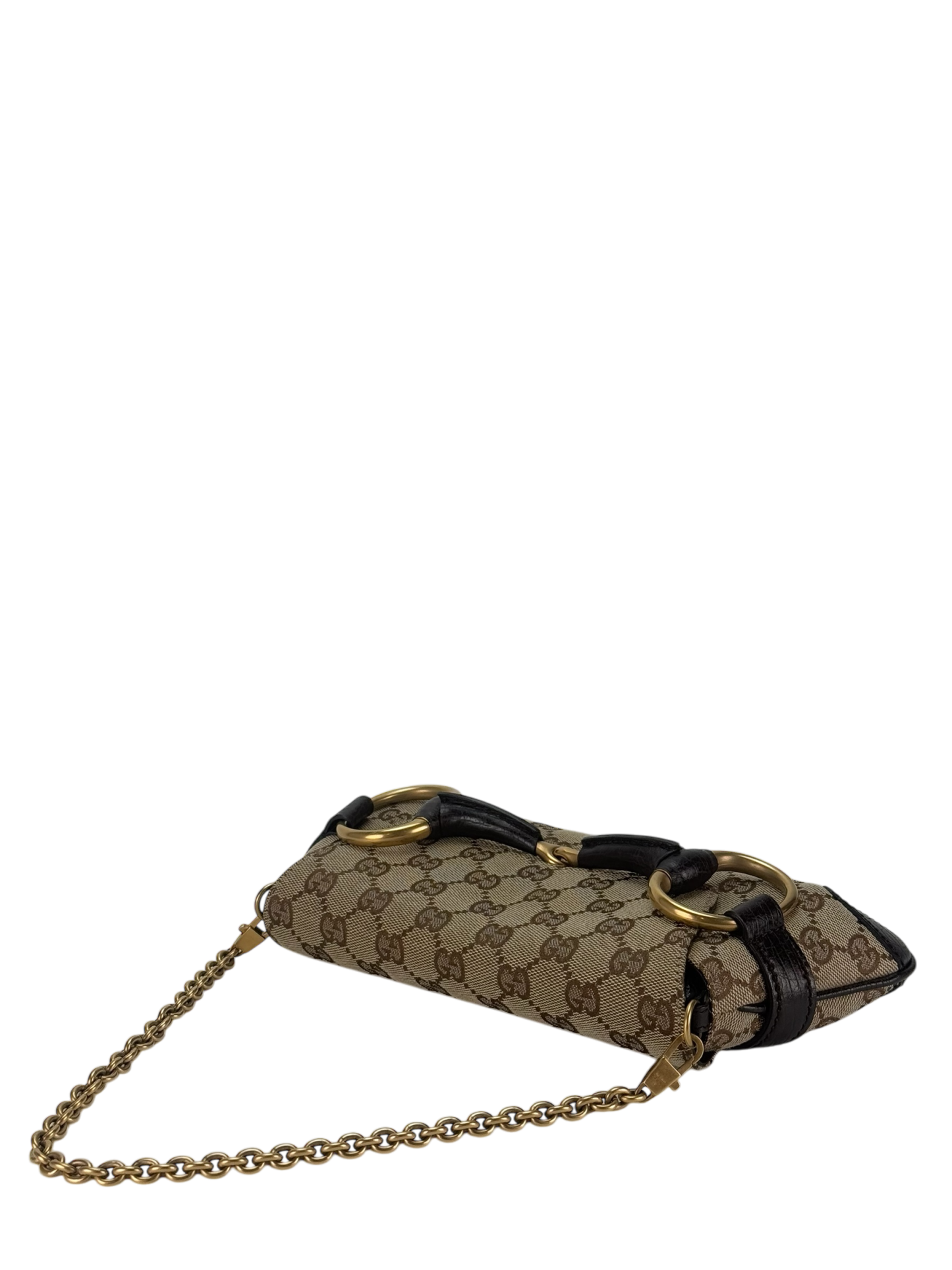 GUCCI - Beige Brown 2WAY Horsebit Chain GG Canvas Handbag Clutch Bag