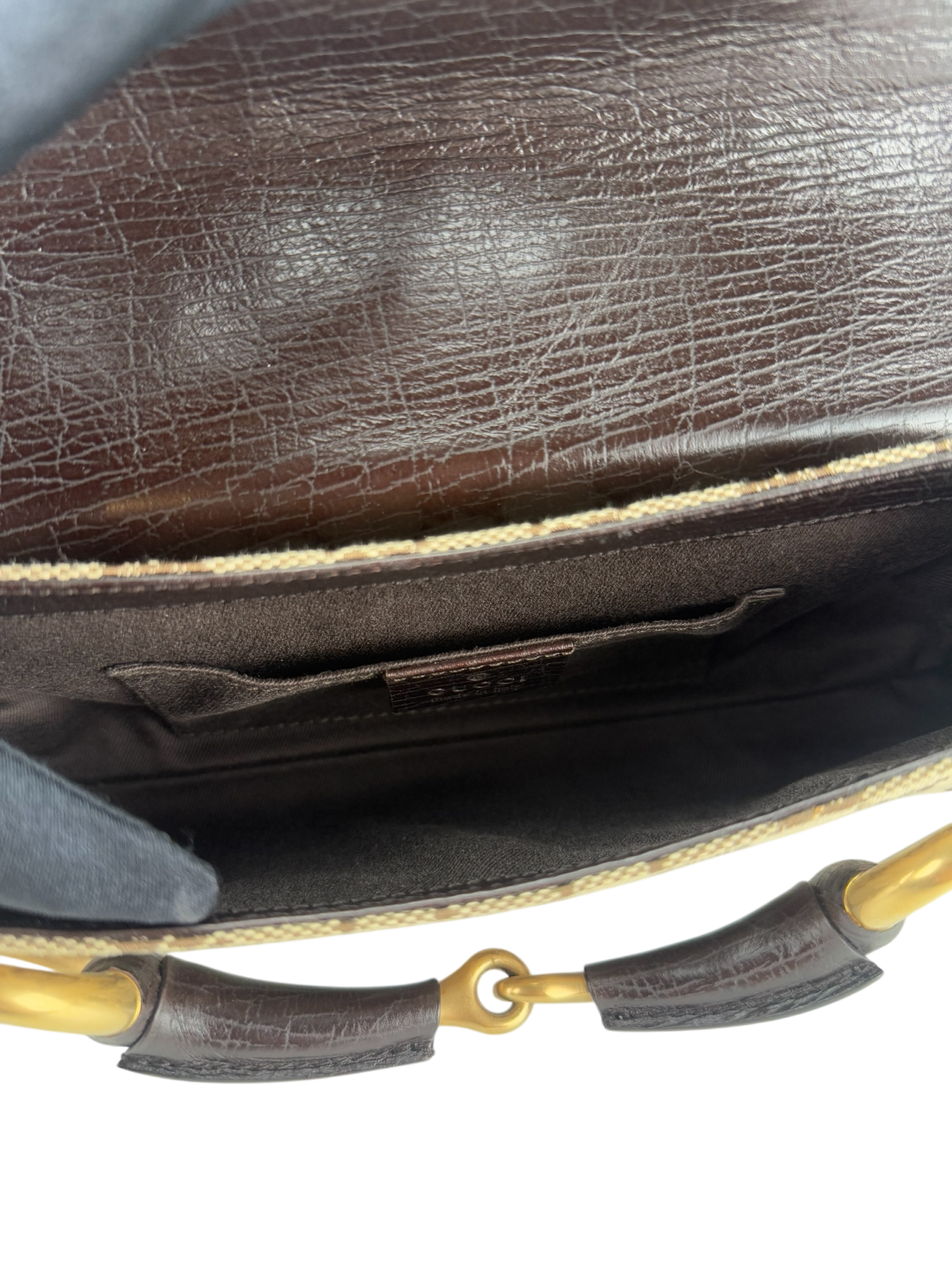 GUCCI - Beige Brown 2WAY Horsebit Chain GG Canvas Handbag Clutch Bag