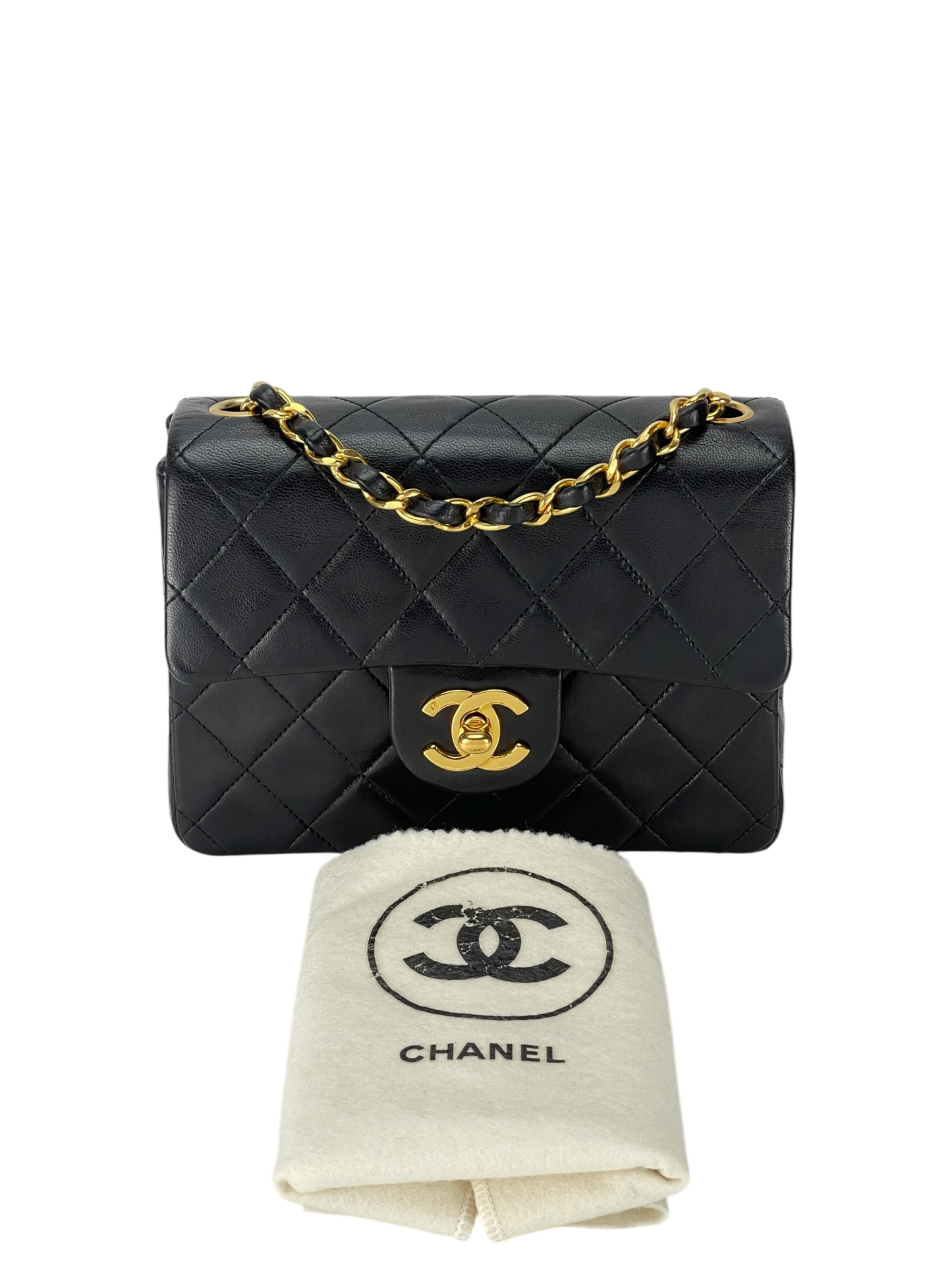 CHANEL - Mini Square Shoulder Bag Black Lambskin Gold Hardware