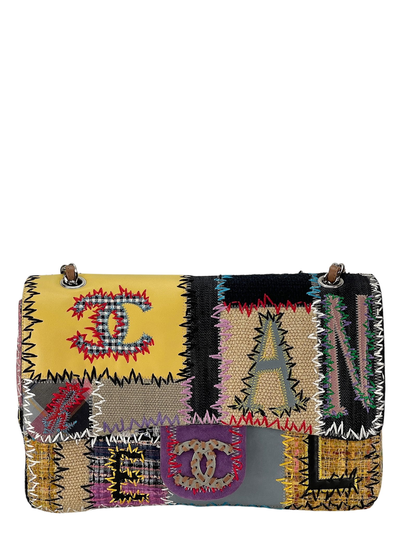 CHANEL - Multi-color Leather Canvas Tweed Patchwork Double Chain Shoulder Bag 