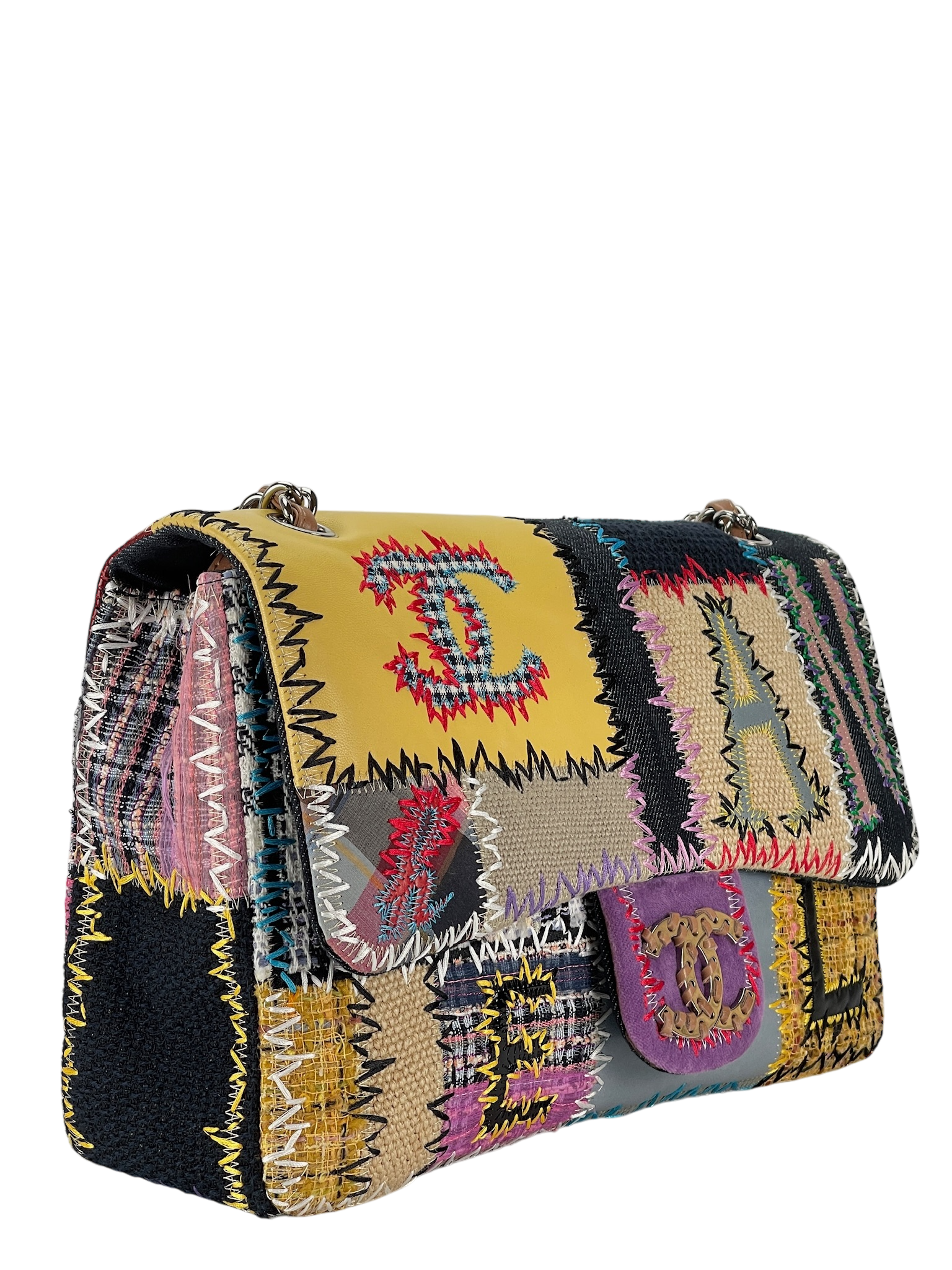 CHANEL - Multi-color Leather Canvas Tweed Patchwork Double Chain Shoulder Bag 