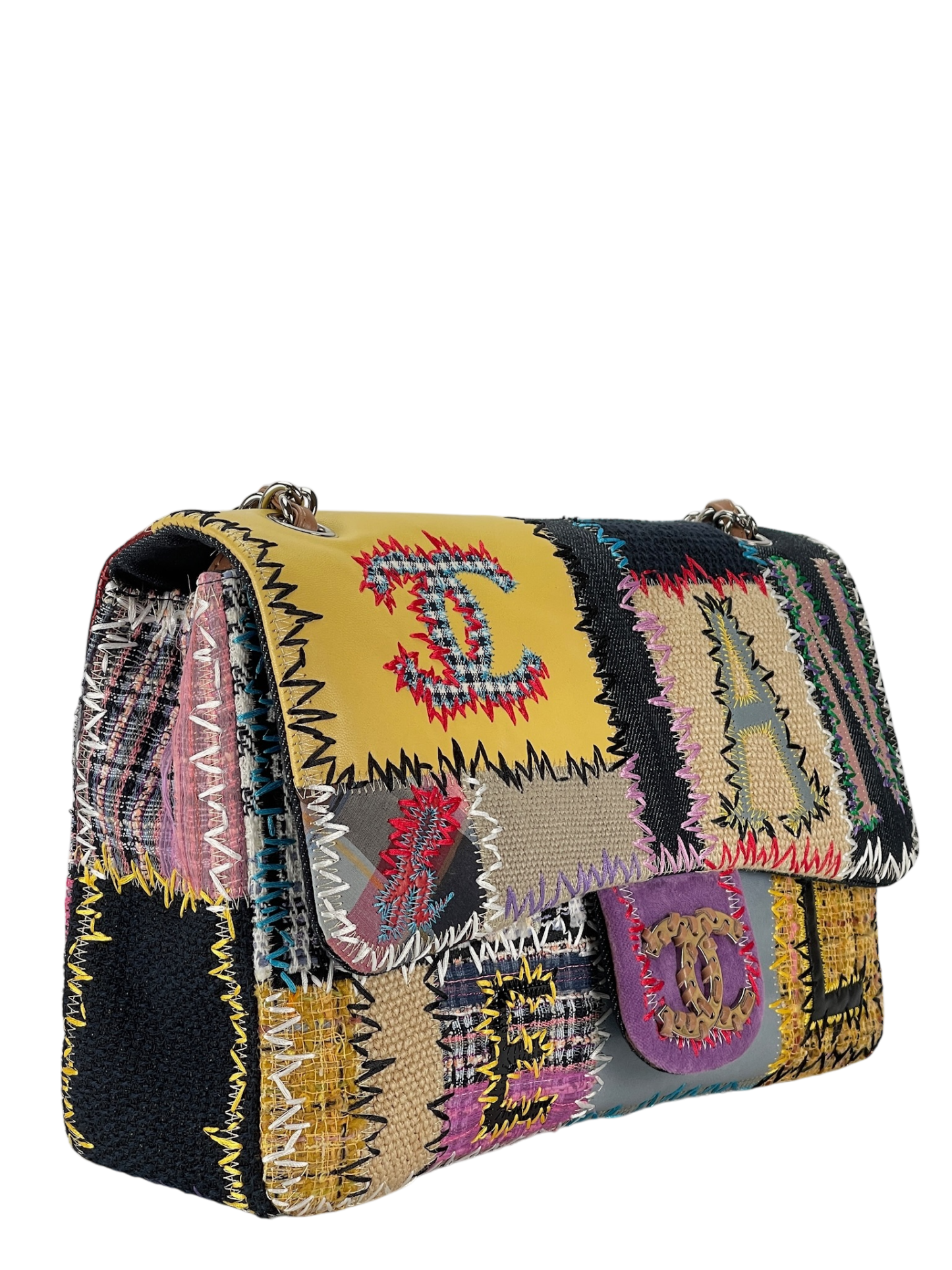 CHANEL - Multi-color Leather Canvas Tweed Patchwork Double Chain Shoulder Bag 