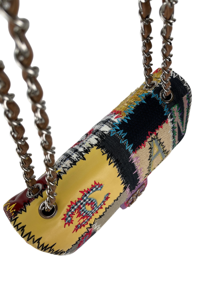CHANEL - Multi-color Leather Canvas Tweed Patchwork Double Chain Shoulder Bag 