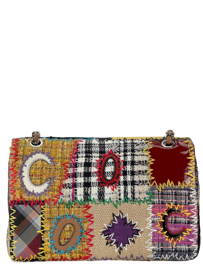 CHANEL - Multi-color Leather Canvas Tweed Patchwork Double Chain Shoulder Bag 