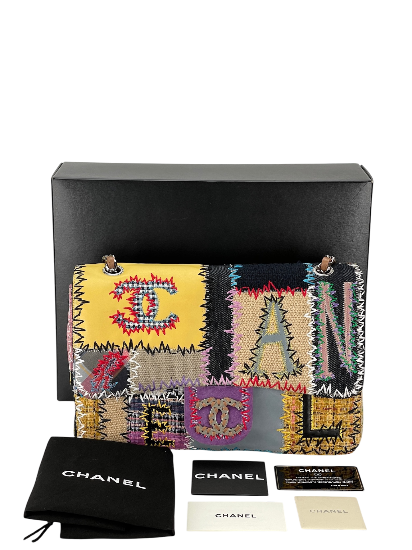 CHANEL - Multi-color Leather Canvas Tweed Patchwork Double Chain Shoulder Bag 