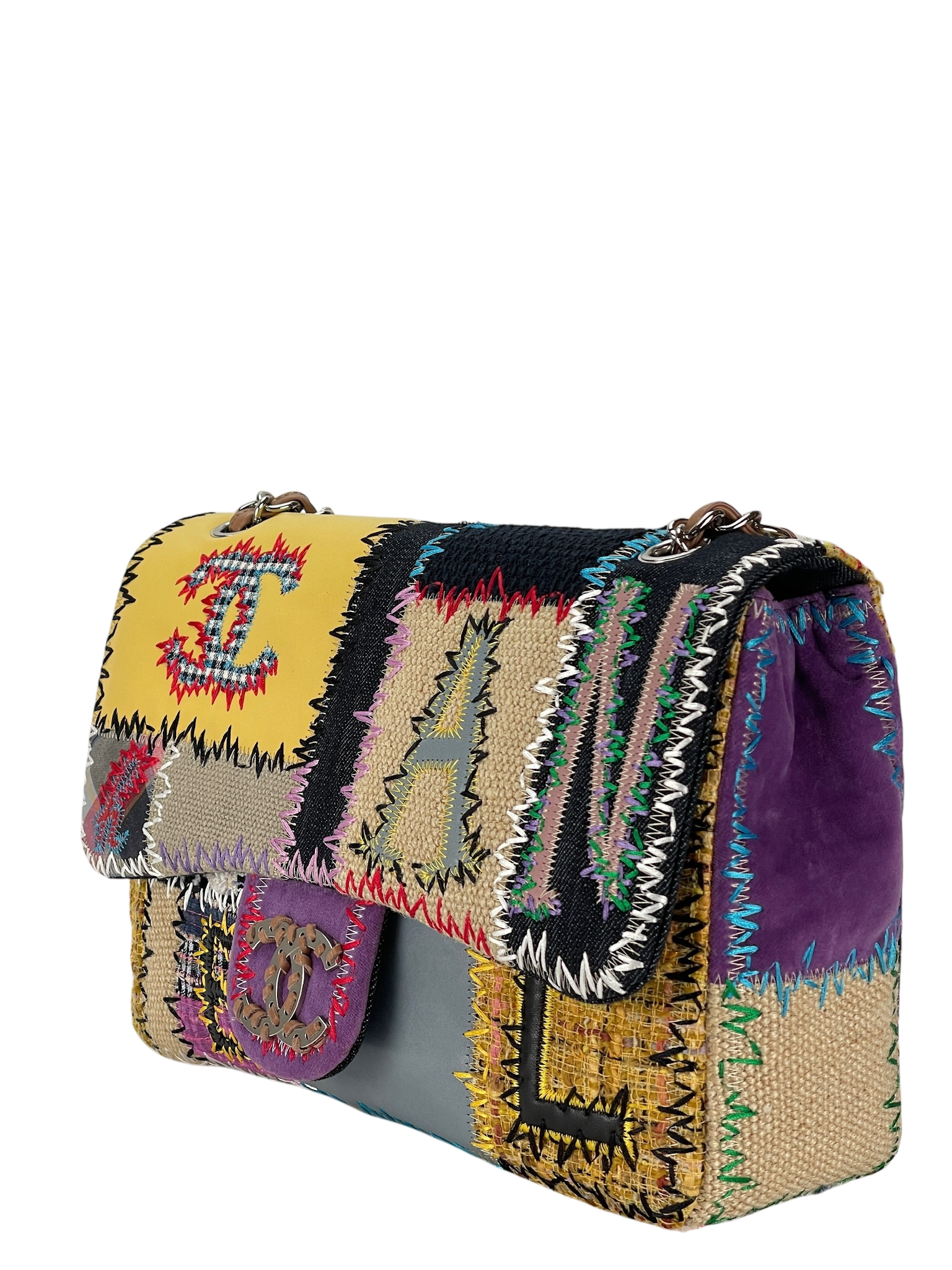 CHANEL - Multi-color Leather Canvas Tweed Patchwork Double Chain Shoulder Bag 