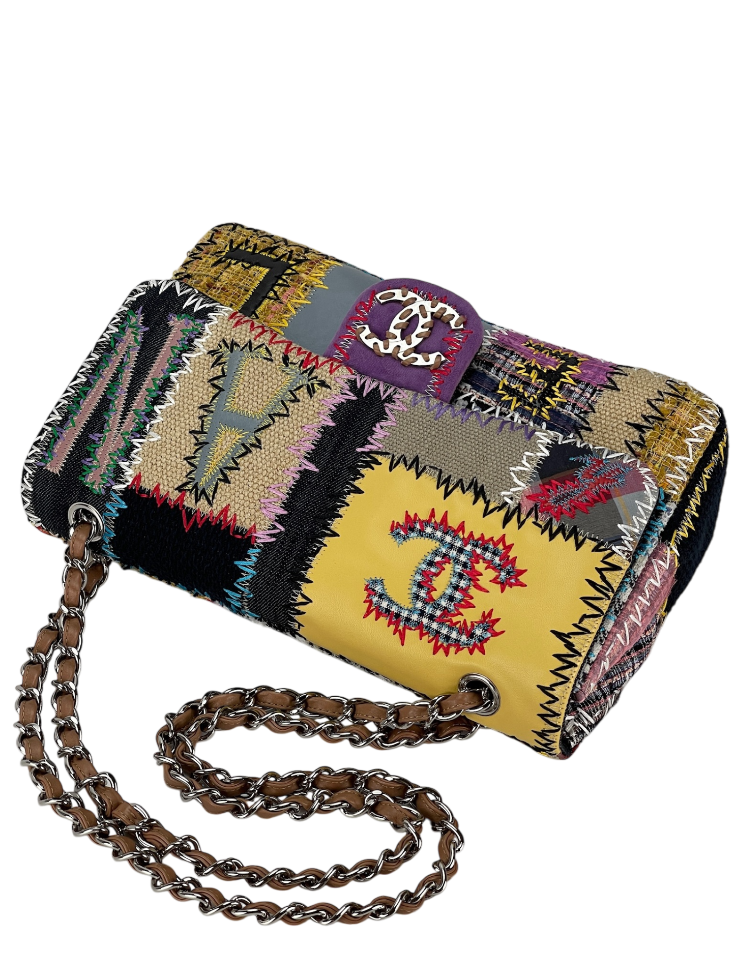 CHANEL - Multi-color Leather Canvas Tweed Patchwork Double Chain Shoulder Bag 