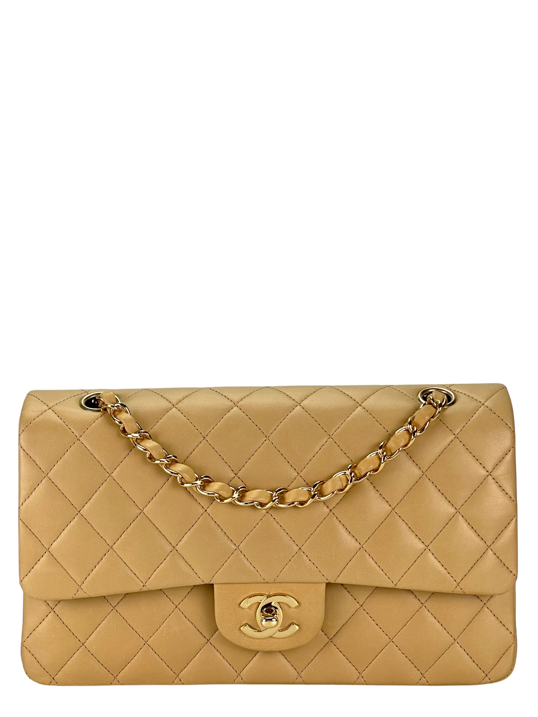 CHANEL - Medium Classic Double Flap Bag Beige Lambskin Gold Hardware (CF25) 
