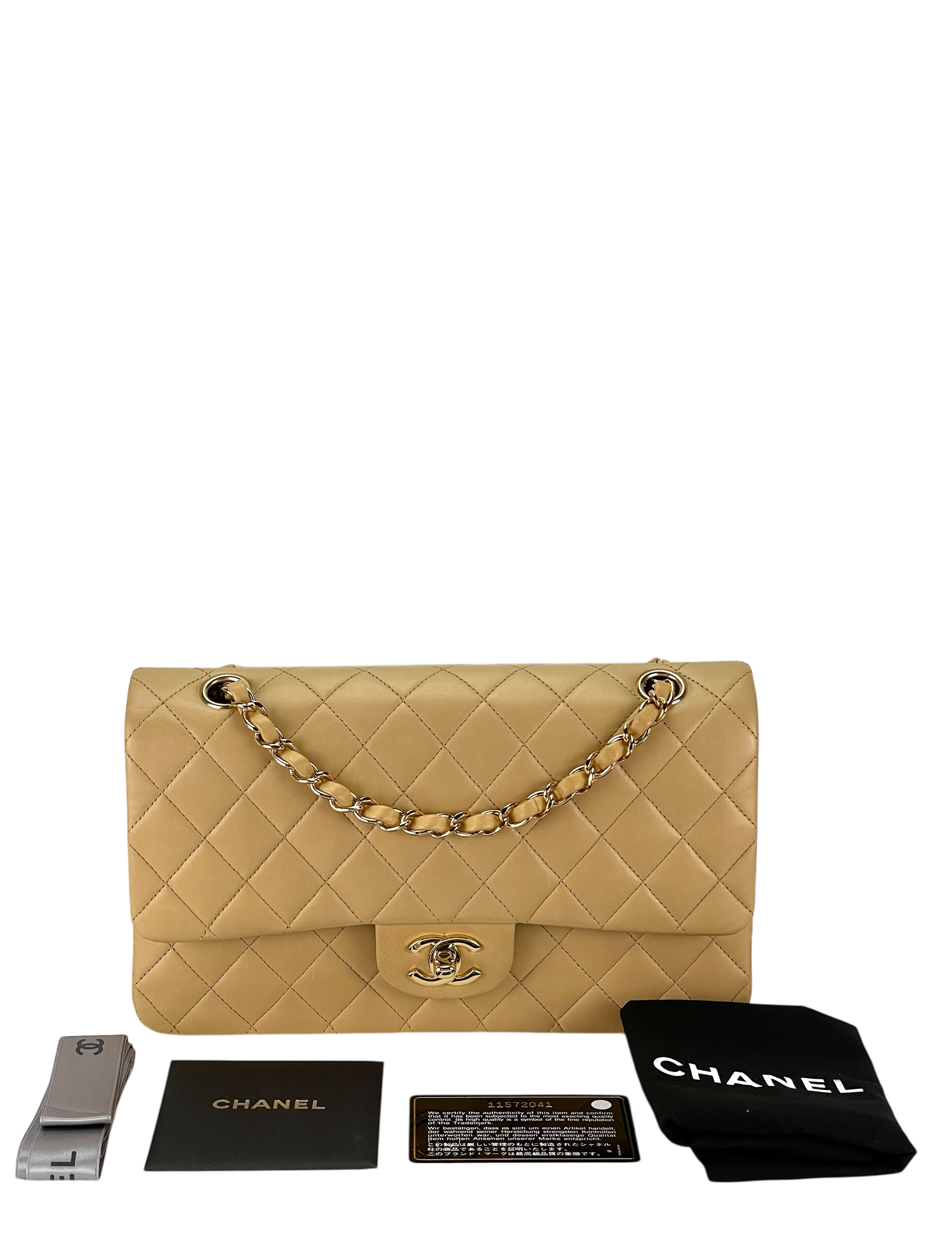 CHANEL - Medium Classic Double Flap Bag Beige Lambskin Gold Hardware (CF25) 
