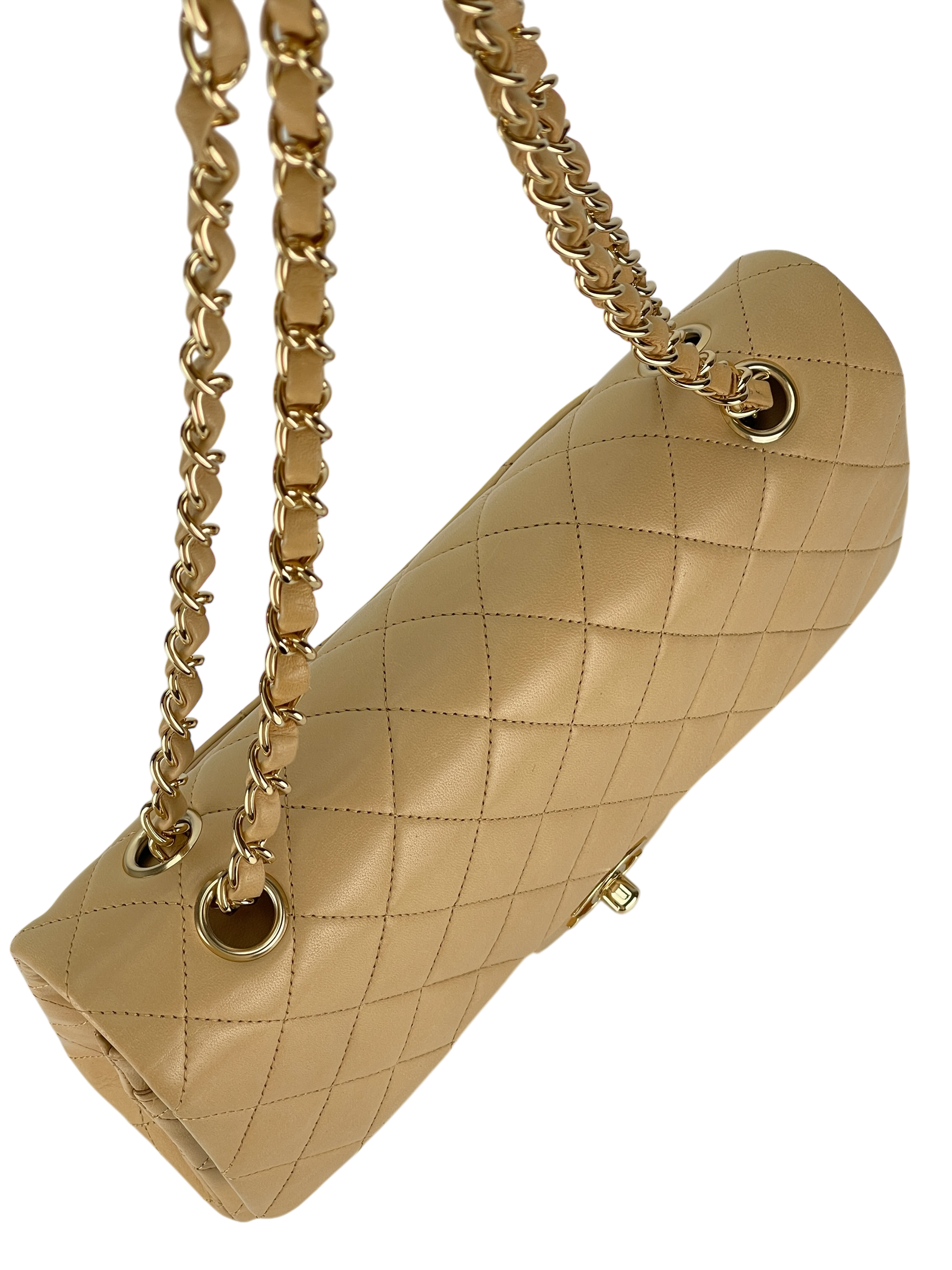 CHANEL - Medium Classic Double Flap Bag Beige Lambskin Gold Hardware (CF25) 