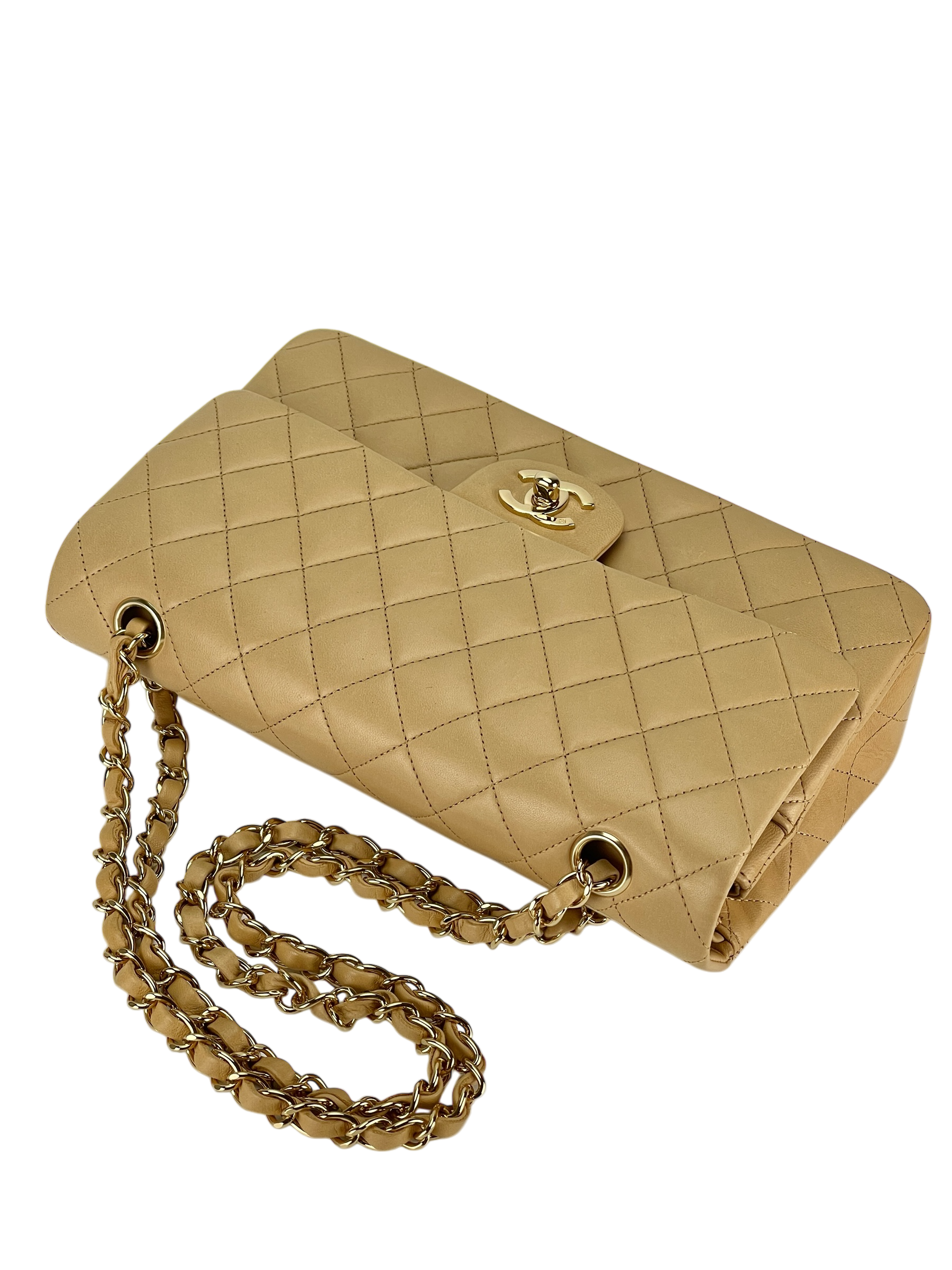 CHANEL - Medium Classic Double Flap Bag Beige Lambskin Gold Hardware (CF25) 