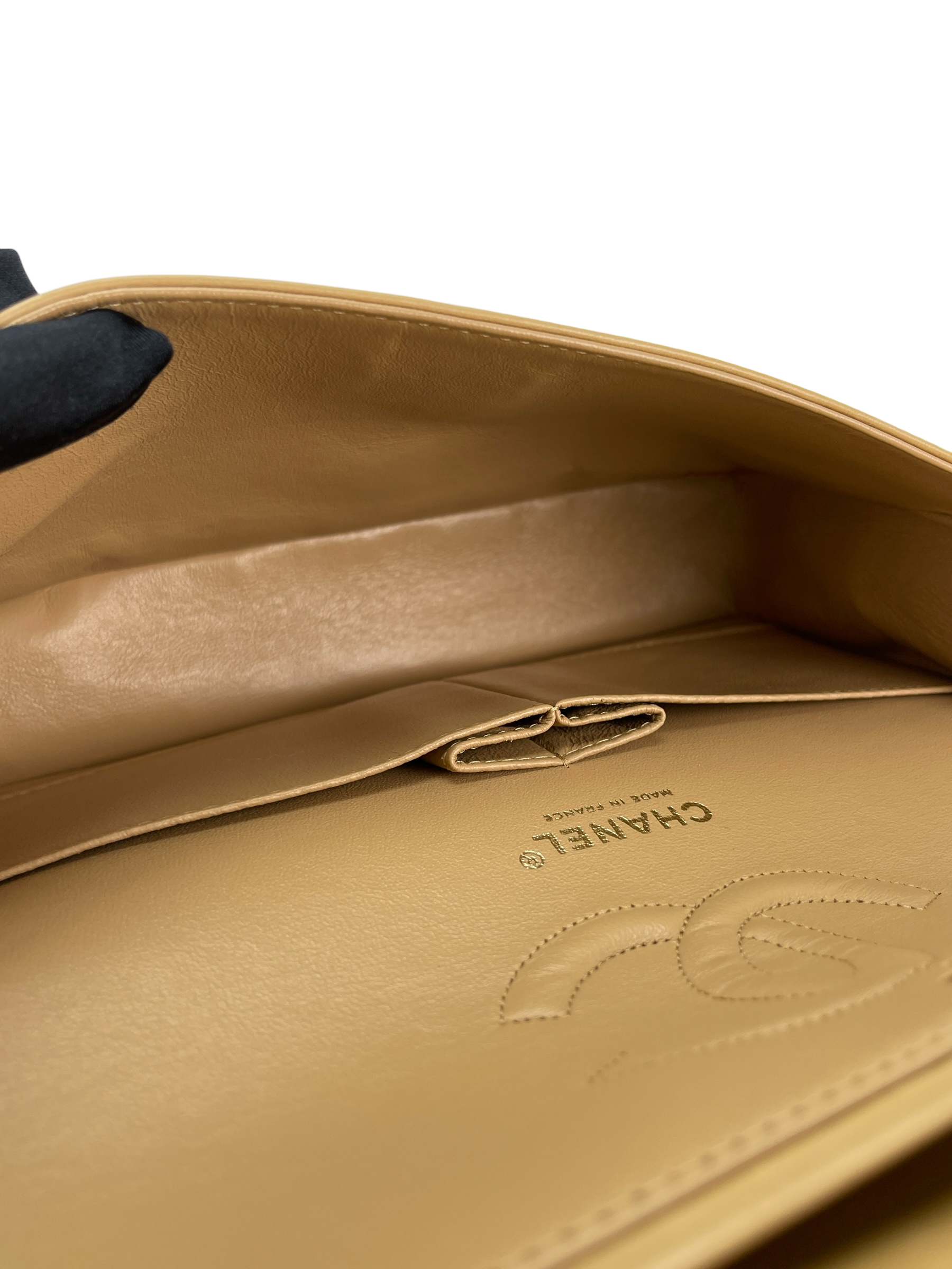 CHANEL - Medium Classic Double Flap Bag Beige Lambskin Gold Hardware (CF25) 