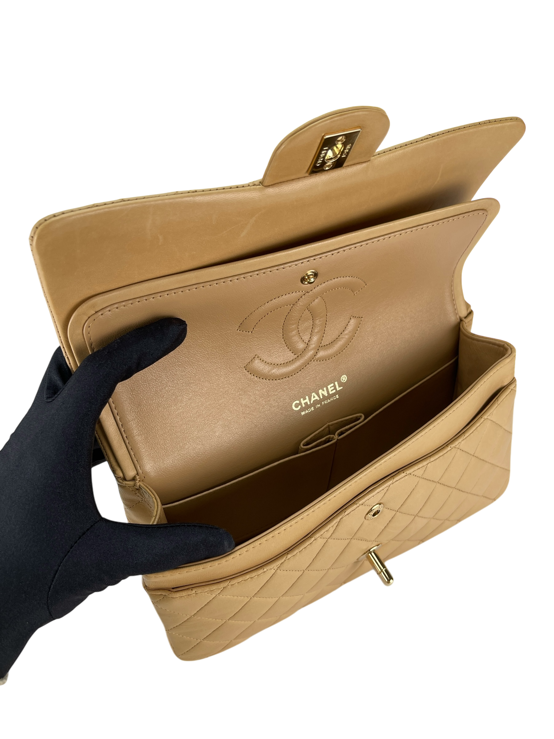 CHANEL - Medium Classic Double Flap Bag Beige Lambskin Gold Hardware (CF25) 