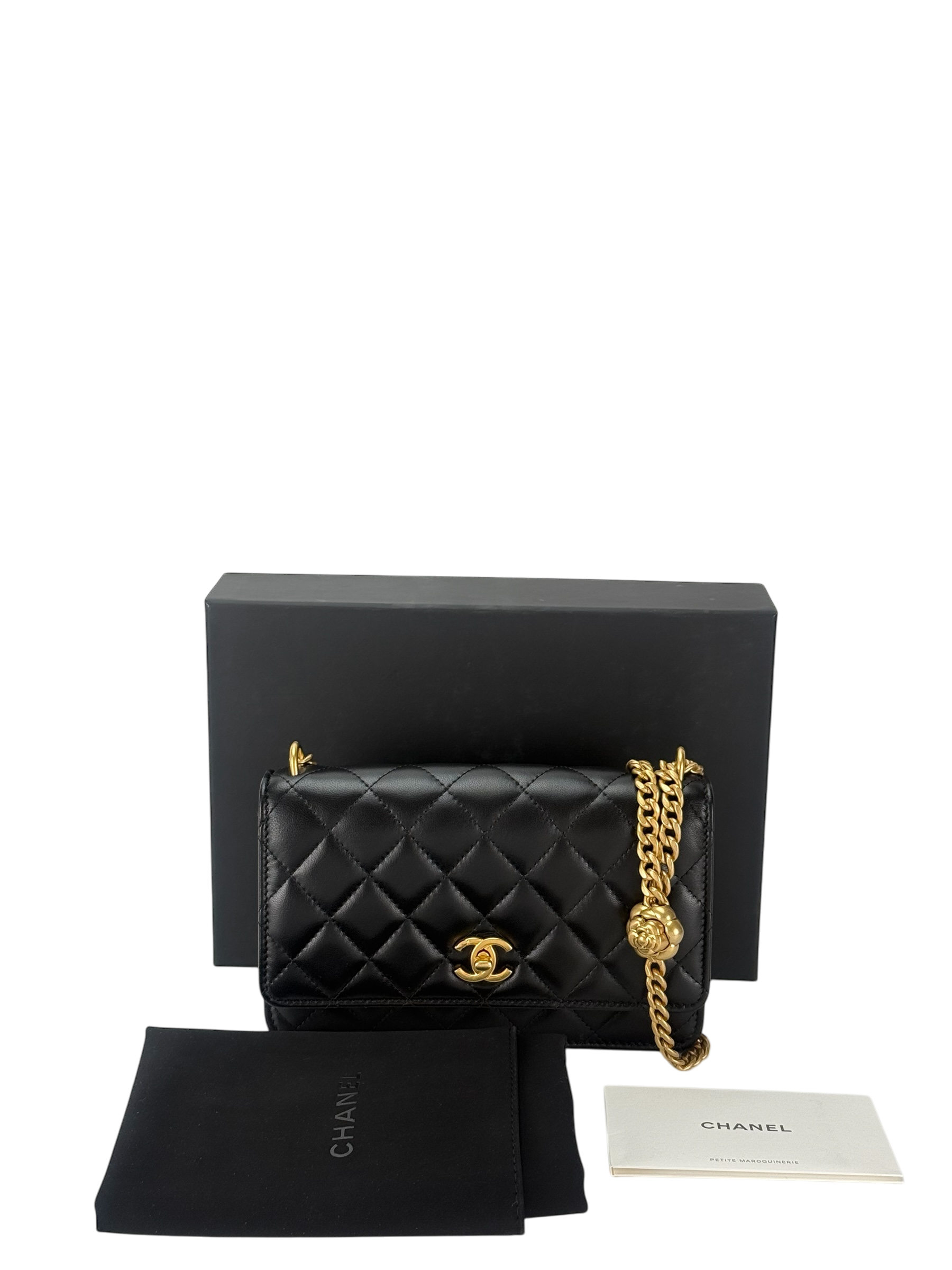 CHANEL - Black Lambskin Camellia Quilted Wallet On Chain Gold Hardware (WOC)