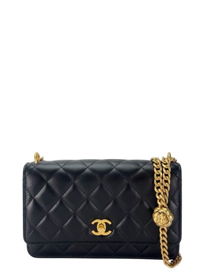 CHANEL - Black Lambskin Camellia Quilted Wallet On Chain Gold Hardware (WOC)