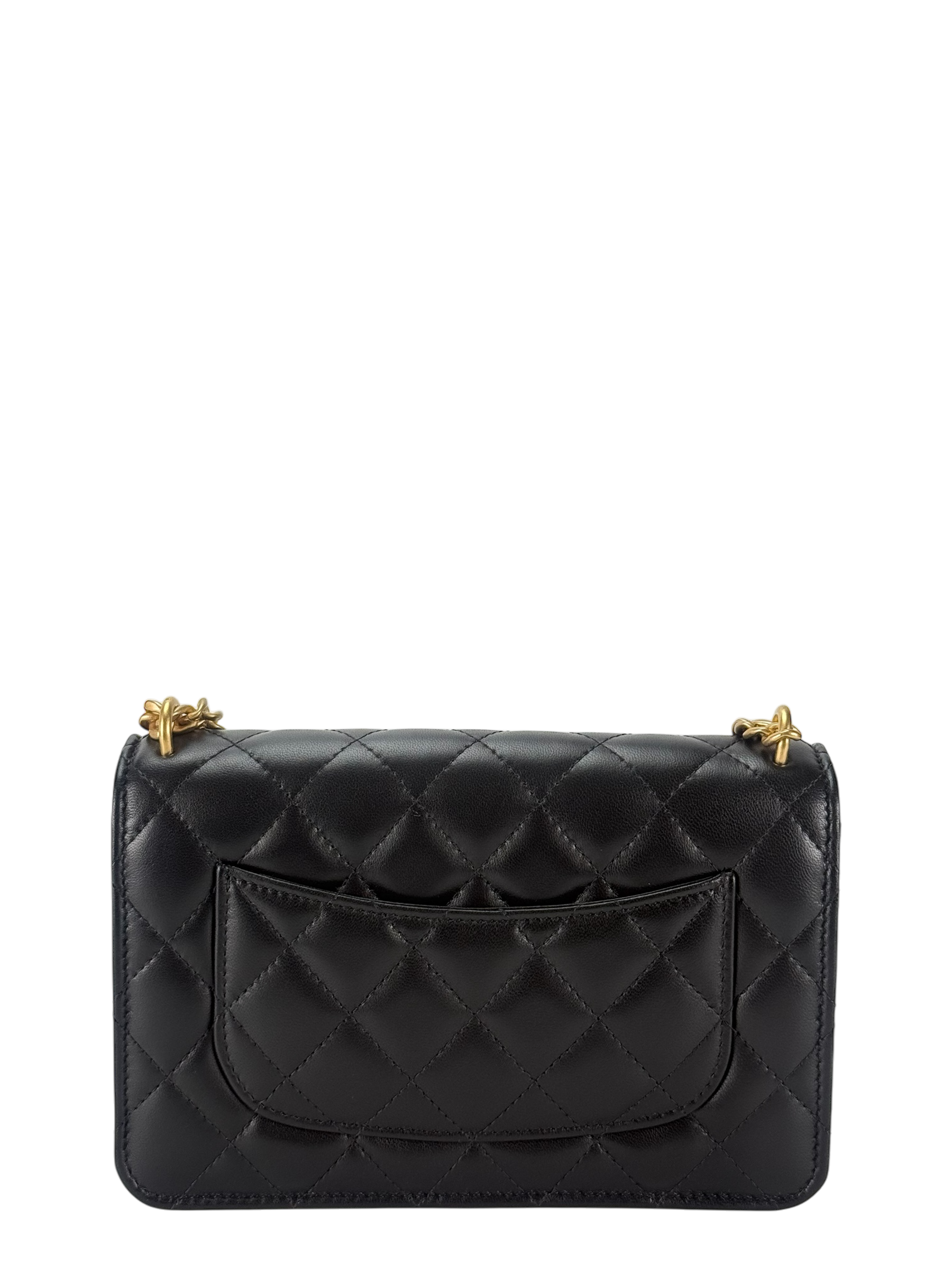 CHANEL - Black Lambskin Camellia Quilted Wallet On Chain Gold Hardware (WOC)