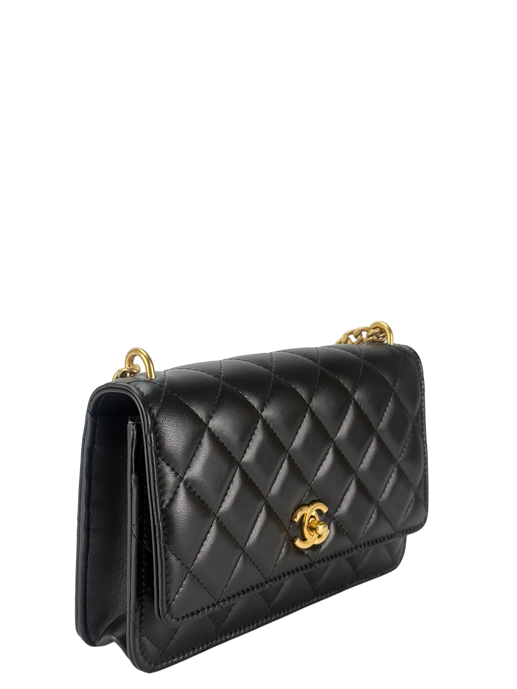 CHANEL - Black Lambskin Camellia Quilted Wallet On Chain Gold Hardware (WOC)